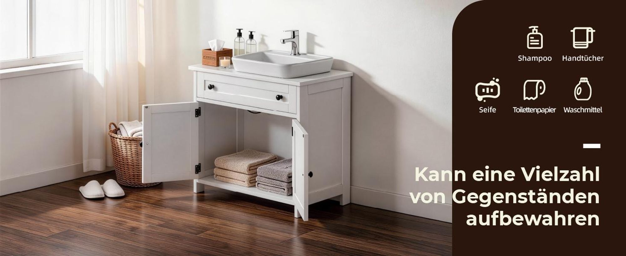 FCH Waschbeckenunterschrank mit große Schubladen, 2 Tür, Badezimmerschrank, 60x30x60 cm, Weiß