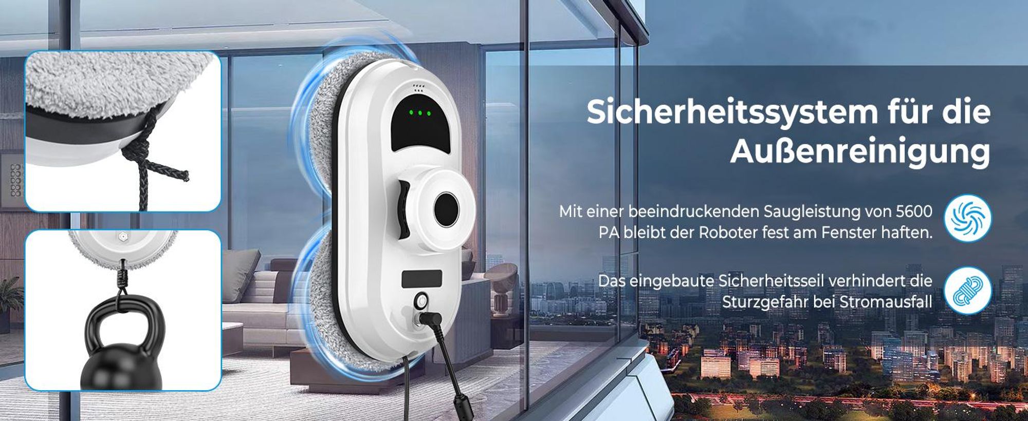 Fensterputzroboter, Fenstersauger, Fensterputzer, Fensterreiniger Elektrisch, 5600Pa Saugleistung, 3 Reinigungsmodi, Intelligente Pfadplanung
