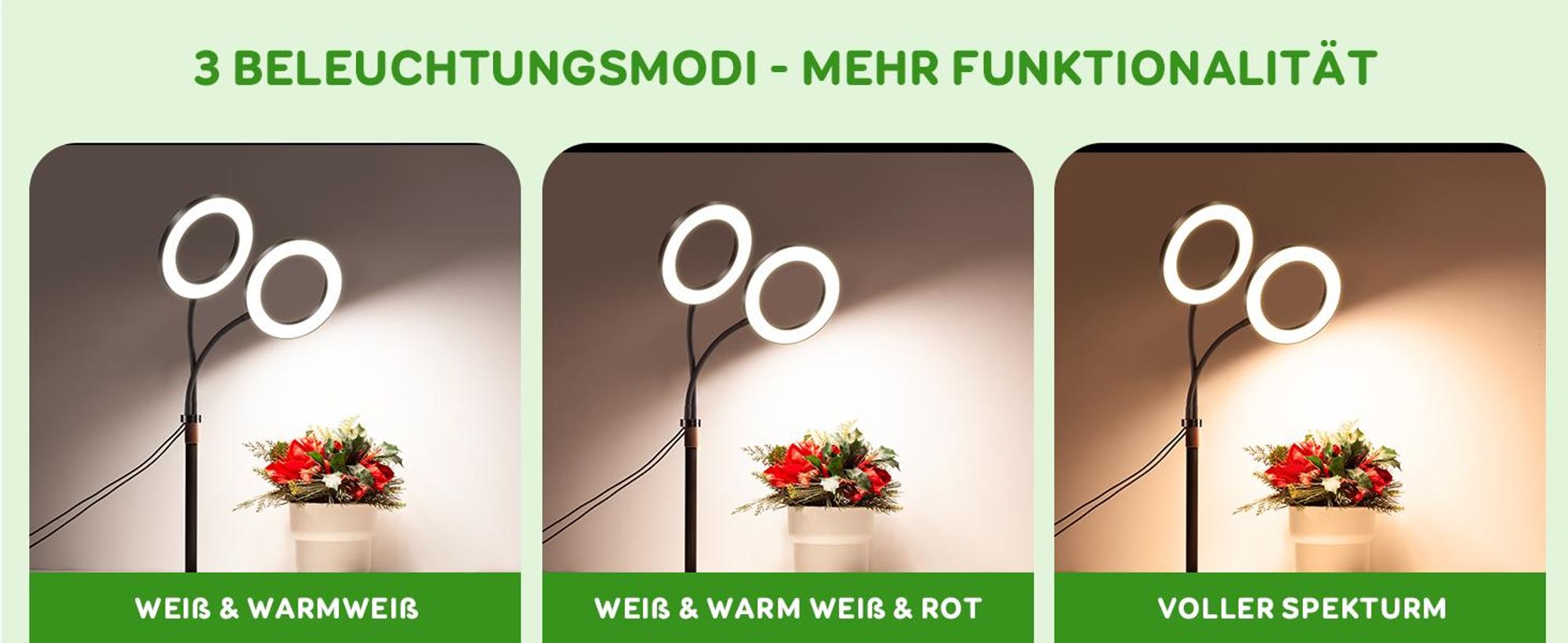 LED Pflanzenlampe Vollspektrum 2 Köpfe, 144 LEDs, 10-stufig dimmbar, Timer 3/9/12h, mit 16 cm Ring und 35-155 cm verstellbarem Stab für Zimmerpflanzen
