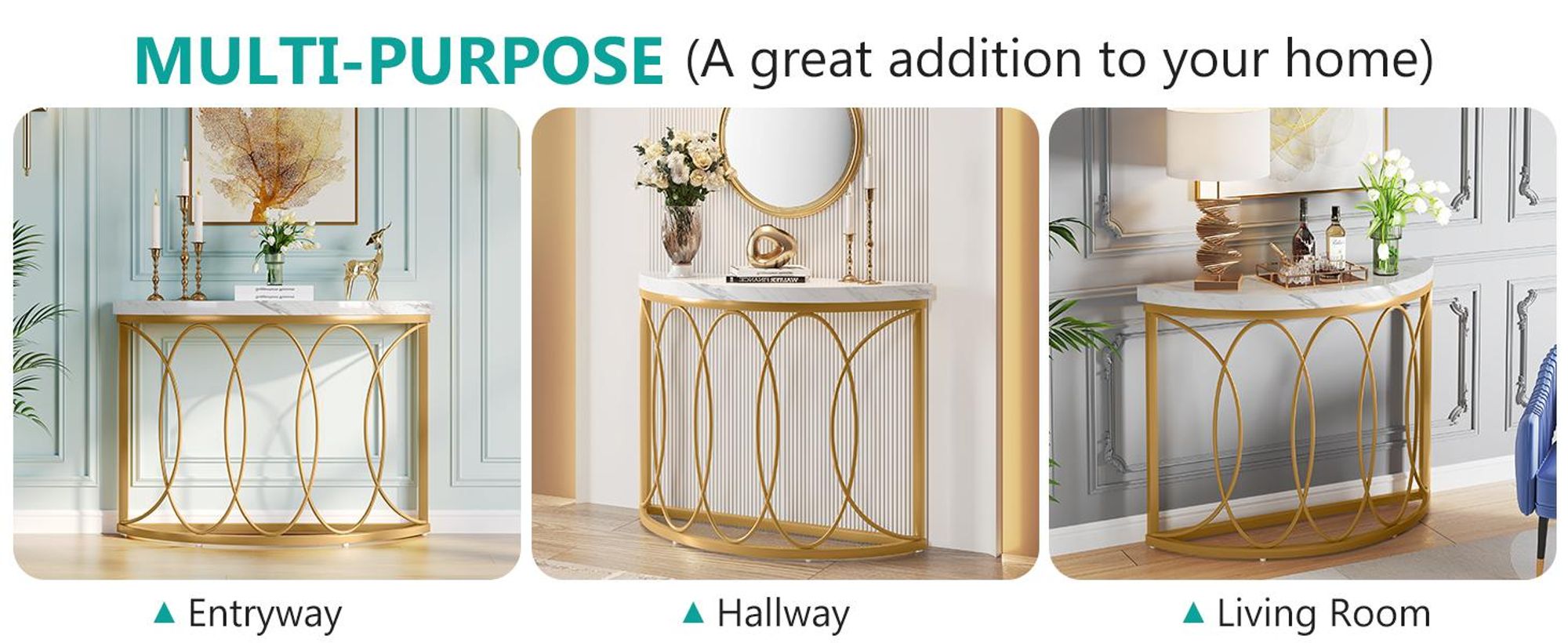 Wanbor Konsolentisch Schmal, Beistelltisch, Gold Marmor Wohnzimmertisch mit Metallrahmen&Halbmondförmig-Design, Moderner Sofatisch für Wohnzimmer