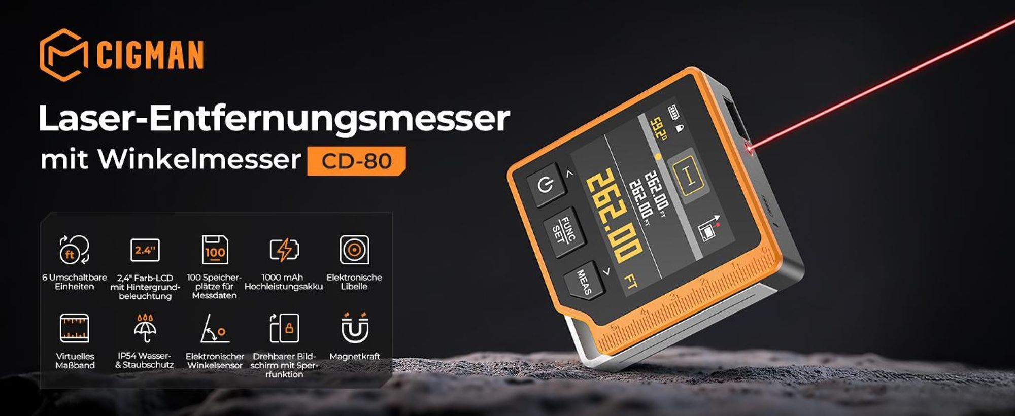 CIGMAN CD-80 laserový diaľkomer 80 m s krajčírskym metrom a uhlomerom