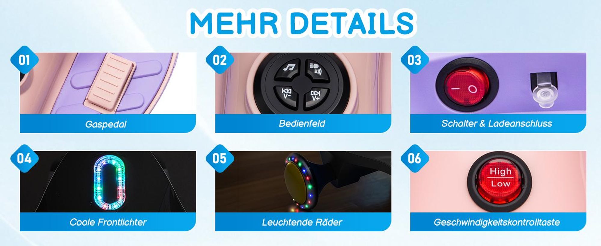 Kinder-Elektroauto 12V, Elektrisches Rutschauto mit Pedal, 2 Geschwindigkeiten und Kippschutz, Bluetooth, für Kinder ab 3 Jahren, Lila & Rosa