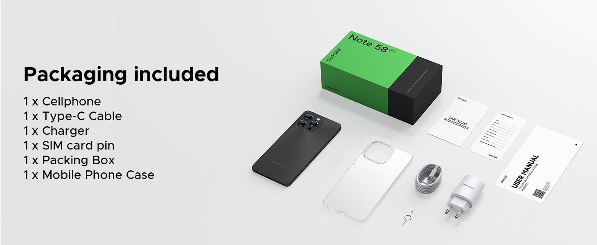 DOOGEE Note58 Pro, smartphone, Android 16, 6,75" displej s obnovovací frekvencí 90 Hz, baterie 6250 mAh, 64 GB RAM + 256 GB interní paměť, 4G, 16MP fotoaparát, NFC, čtečka otisků prstů, bez smlouvy
