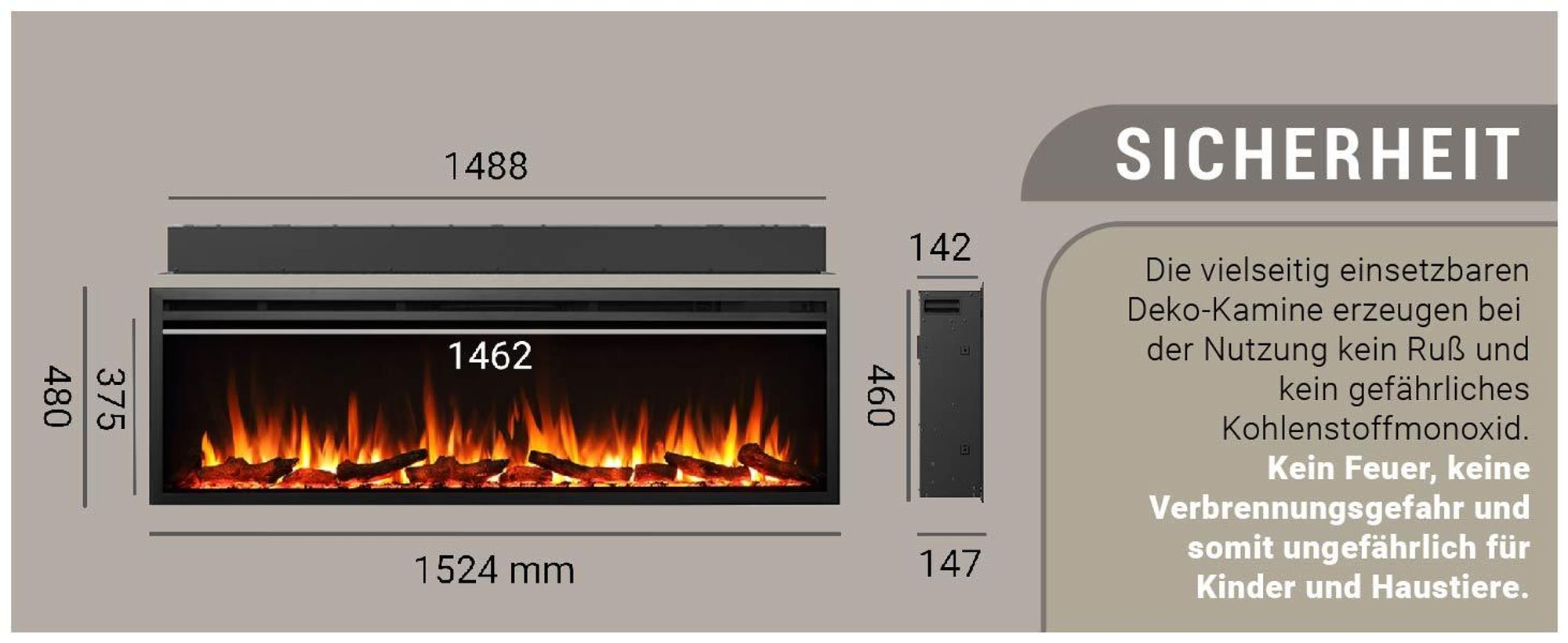 BALDERIA Elektrokamin Atalanta 60" | Einbaukamin, 3D-Flammeneffekt,Ambientebeleuchtung, Heizung 1500W, App, Knistereffekt, Timer, Thermostat | Schwarz