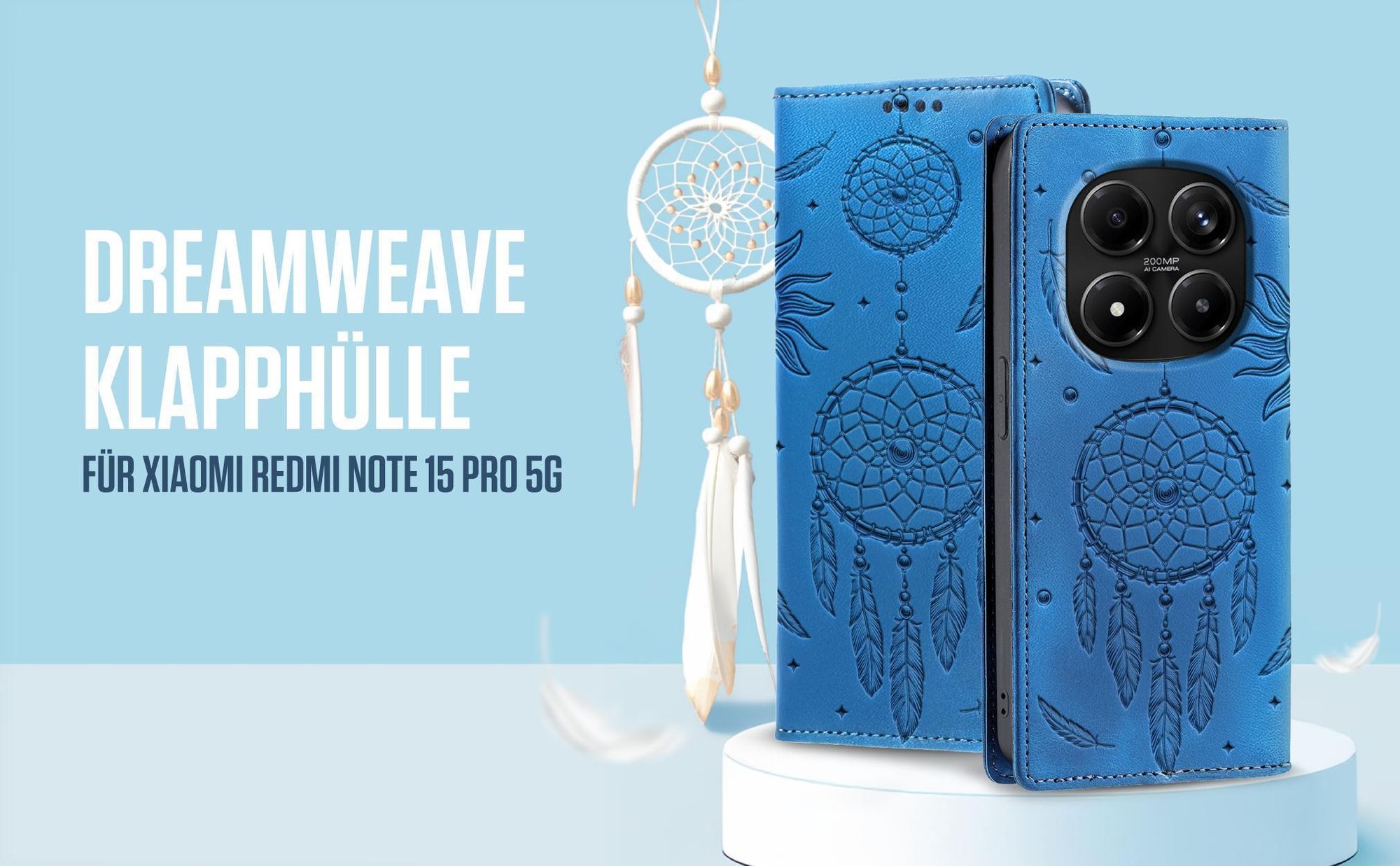 Blaue Klapphülle für Xiaomi Redmi Note 15 Pro 5G mit feiner Traumfänger Prägung