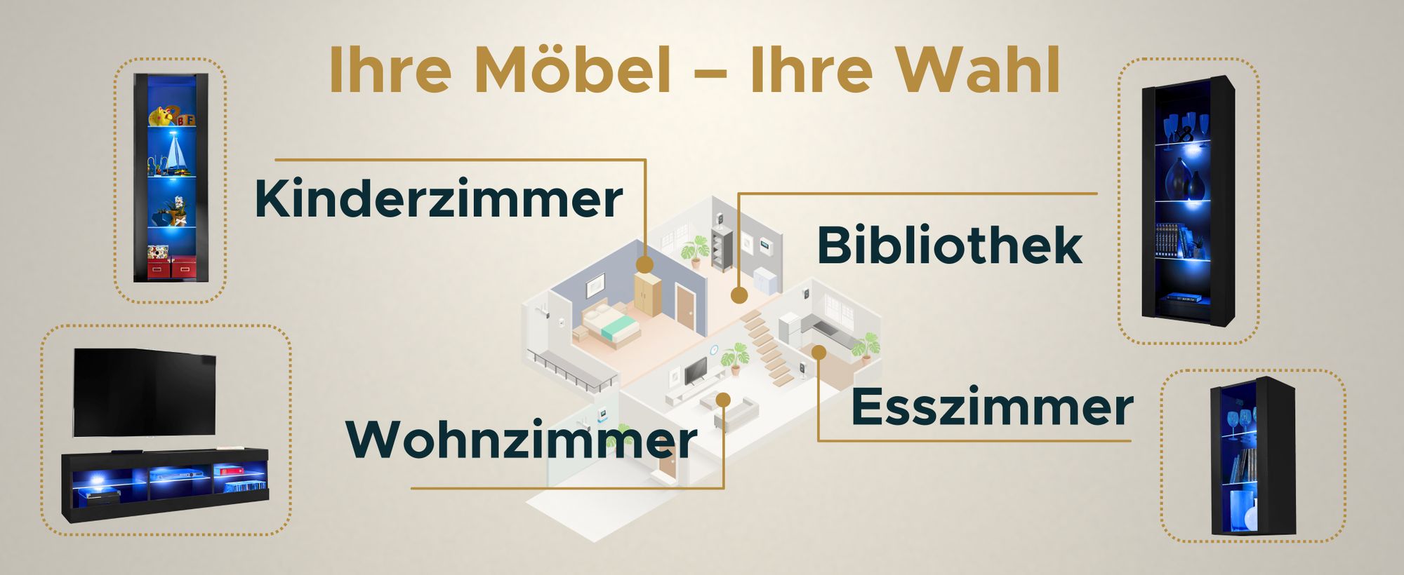 Komodee | Wohnwand mit TV-Schrank und Vitrine Tivoli Set Medio, Korpus Schwarz Matt Frontfarbe Schwarz Matt, ohne LED