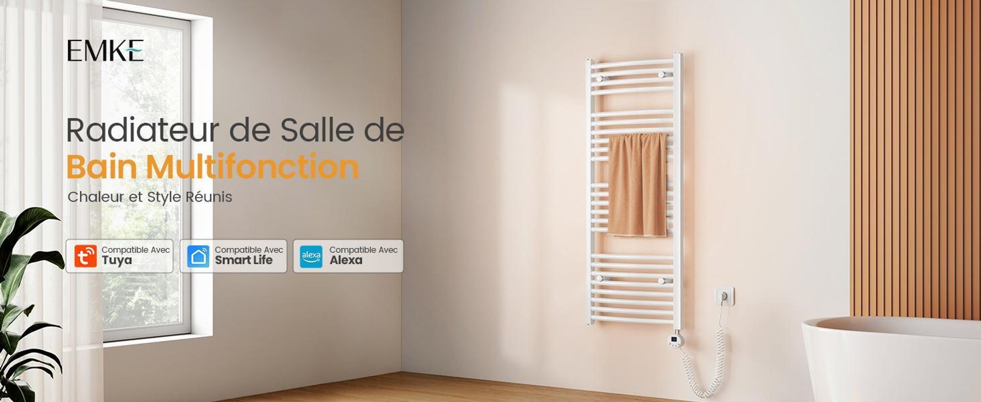 Radiateur de salle de bain EMKE Radiateur sèche-serviettes électrique incurvé 600 WWi-Fi Thermostat intelligent 120 x 60 cm Blanc Sèche-serviettes