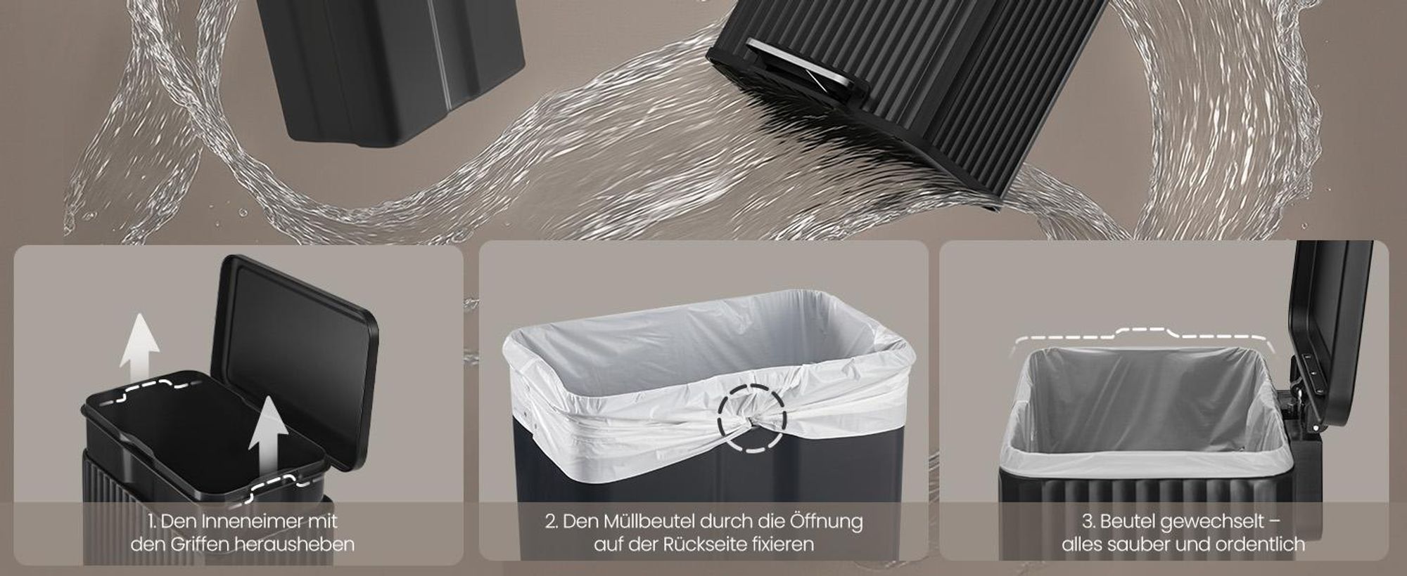 Abfalleimer für Küche, Mülleimer aus Stahl, mit Deckel und herausnehmbarem Inneneimer, Softclose, 50 Liter, schwarz