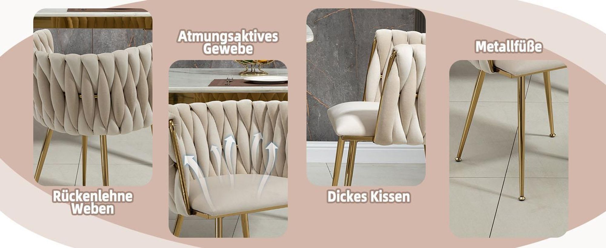 LVHOM Esszimmerstühle Samtbezug Wohnzimmerstuhl 2er Set Polstertuhl Geflochtener Stil, Esszimmer Stuhl, Goldene Metallrahmen, Grau