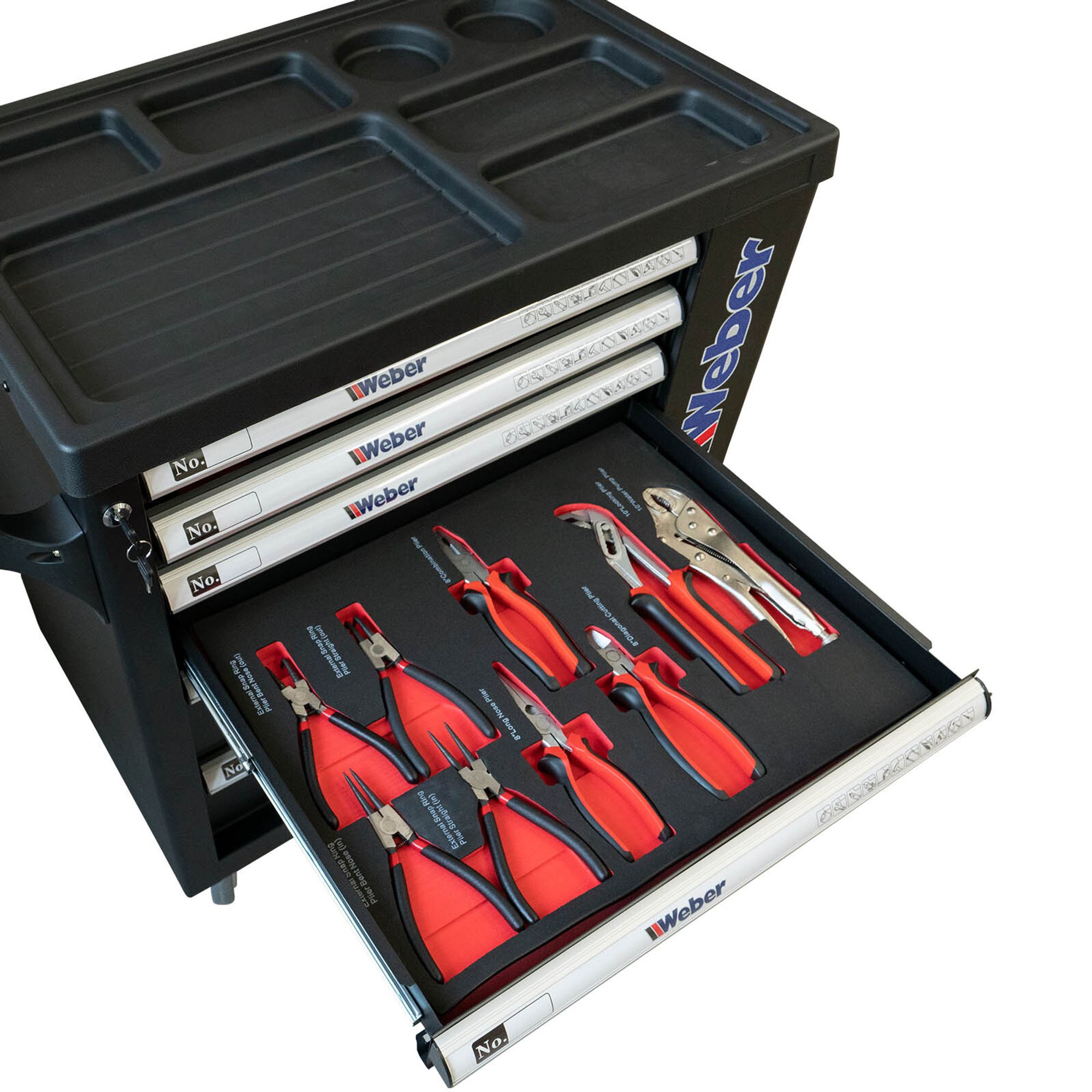 Weber Mobiler Werkstattwagen 154-teilig mit 6 Schubladen von 4 mit Werkzeug bestückt mit Rollen Rollwagen schwarz / rot Werkzeugwagen