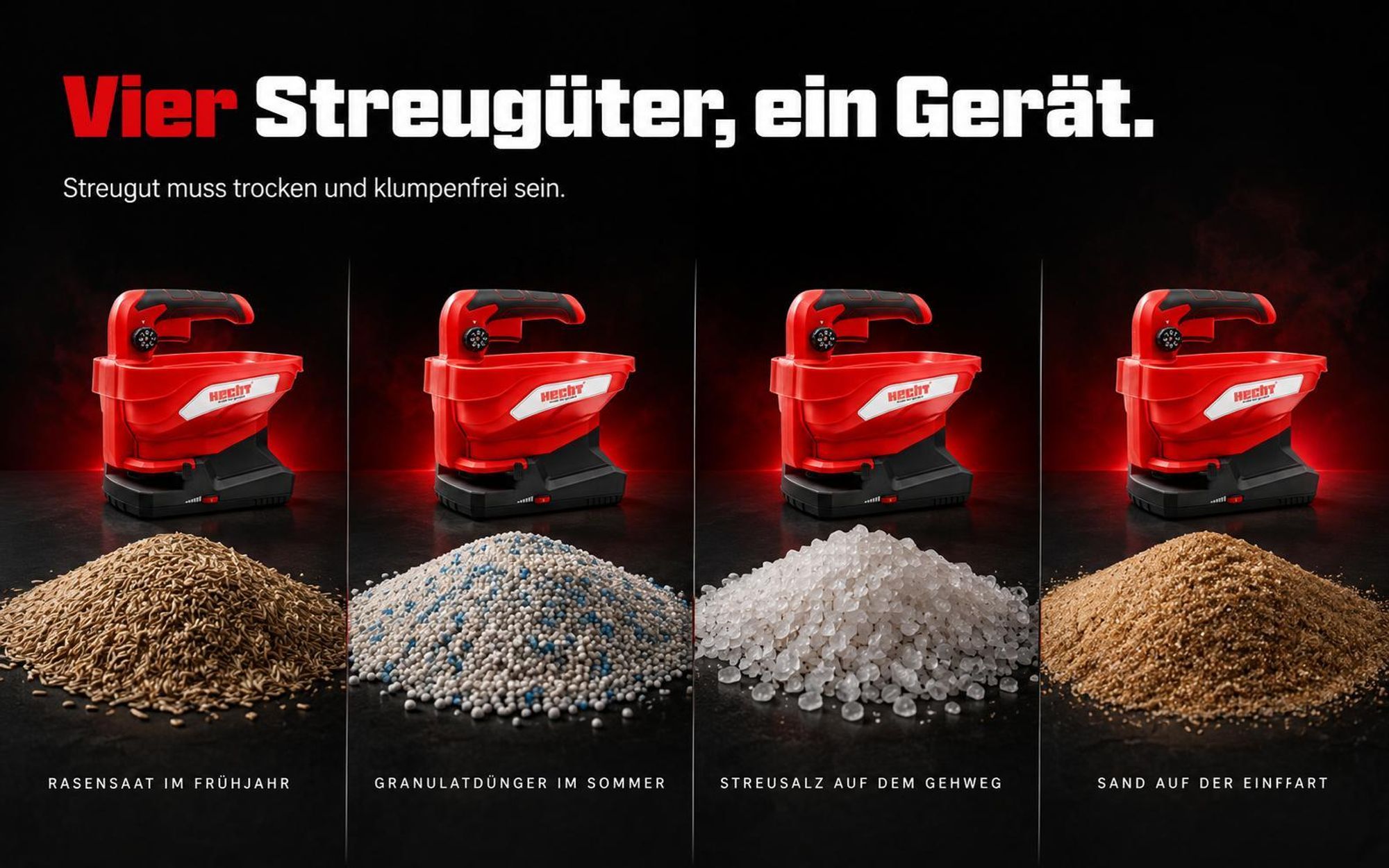 Akku Handstreuer HECHT 207 | 5 m Streubreite | Inkl. 7,2V Akku & USB-C | 3,3 Liter Volumen | Universal Salz Saatgut Sand Dünger Streuer