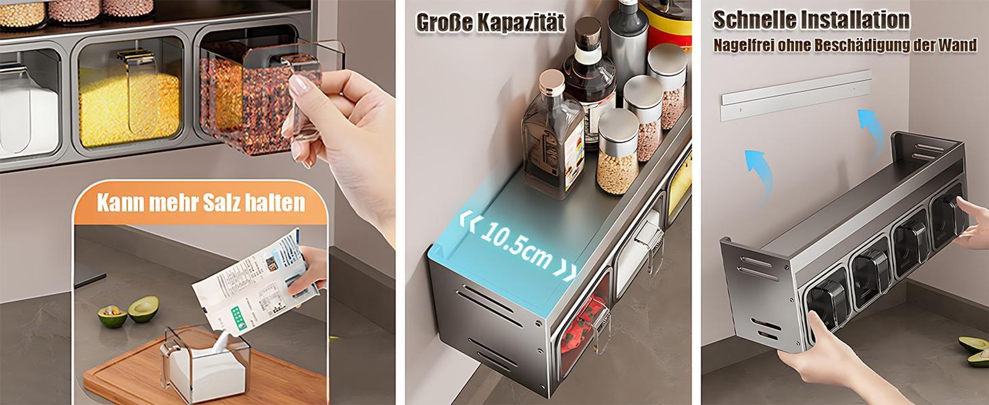 Gewürzregale, Gewürzregal mit Gewürzdosen, Küchenorganizer-Set, Hängendes Küchenregal, Gewürzständer, Gewürzhalter, Gewürz-Organizer, Ohne Bohren