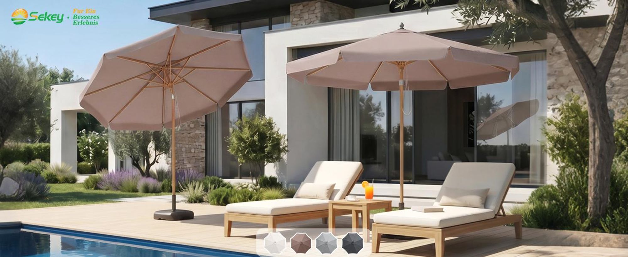 Sekey Balkonschirm 200 cm Ø Holzoptik, Knickbar, Stabiler Gartenschirm, UV-Schutz 50+, Sonnenschirm für Terrasse und Hof, Taupe