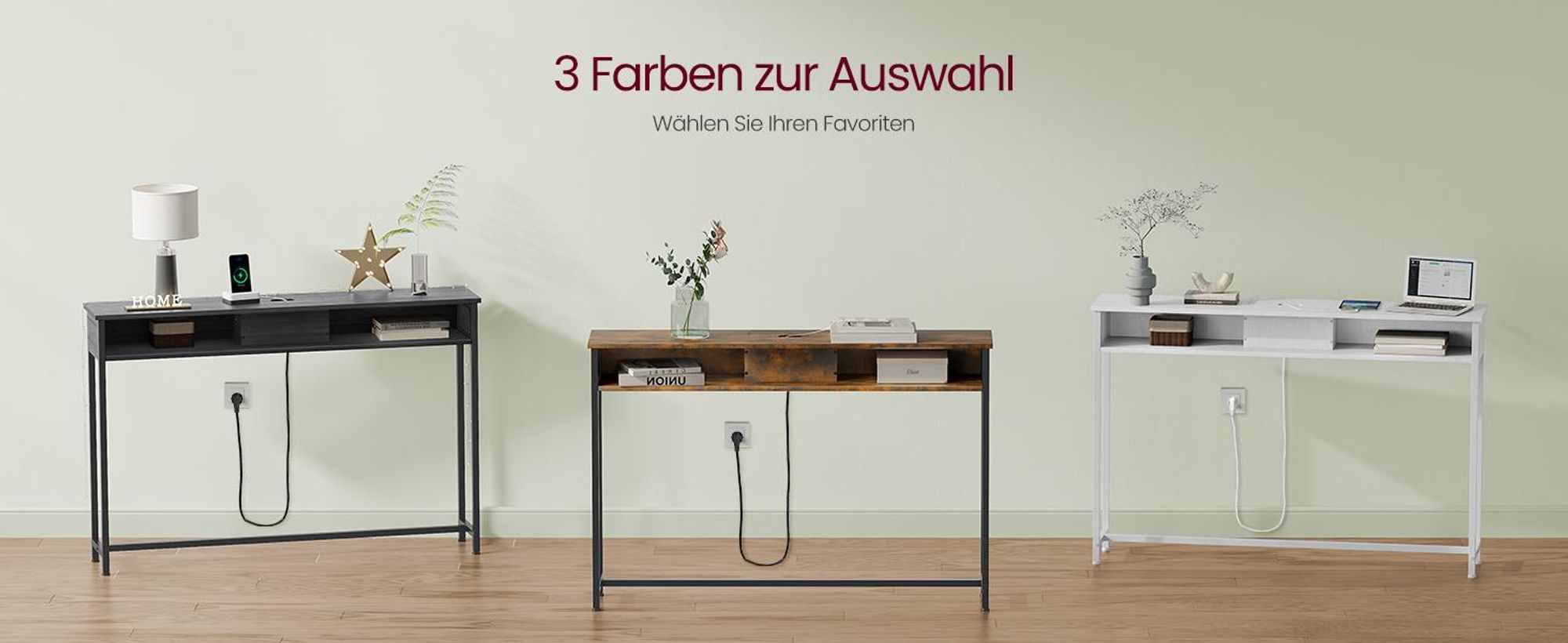 Konsolentisch mit Steckdosen, Beistelltisch mit 2 Fächern, schmal