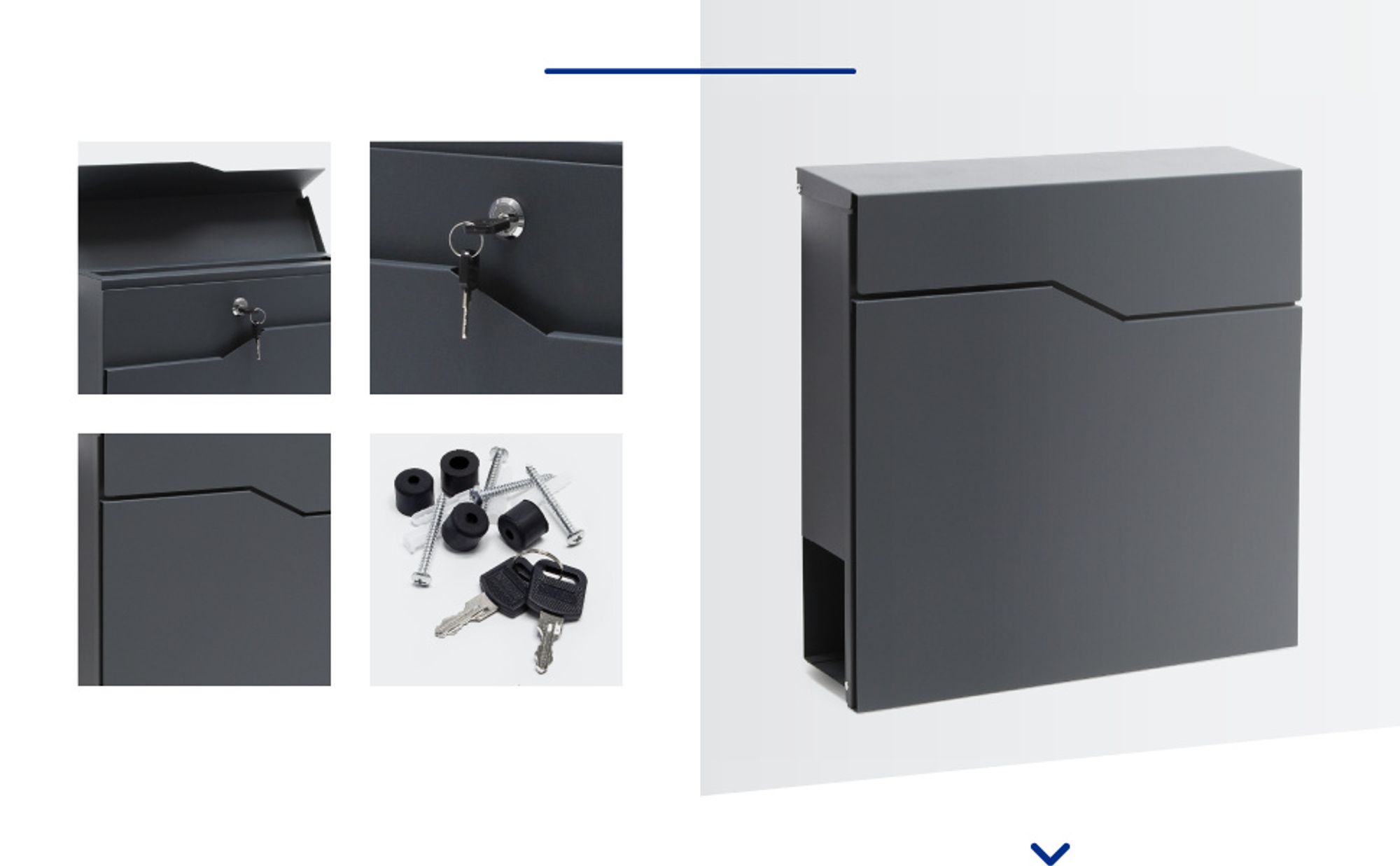 Wiltec Designer Briefkasten V19 anthrazit 370 x 102 x 370 mm, Wandbriefkasten mit Schloss und Zeitungsrolle, Postkasten aus pulverbeschichtetem Stahl