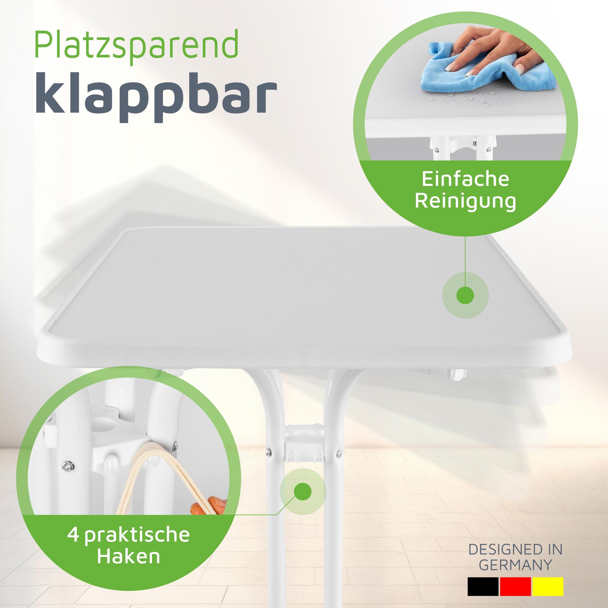 BeFair Gastro Stehtisch klappbar 60x80 cm – rechteckiger Bistrotisch 110 cm Höhe, Indoor & Outdoor, weiß, mit Jacken- & Taschenhaken