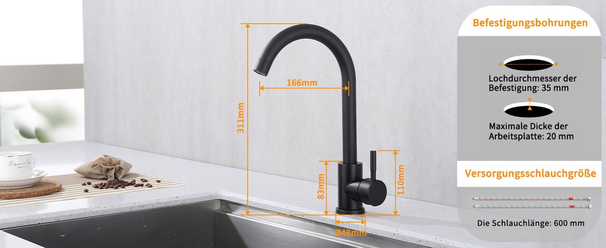 Homelody Küchenarmaturen Schwarz Wasserhahn Küche 360° Drehbar Hochdruck Wasserhahn Spültischarmatur Mischbatterie Küche mit 2 Schlauch, Schwarz