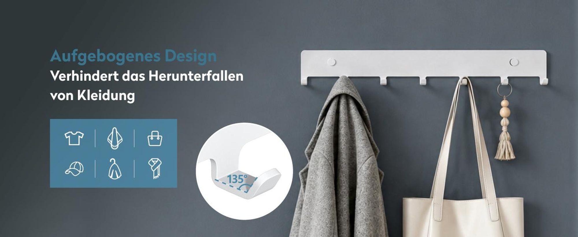doporro Garderobenleiste mit 7 Haken, Wandgarderobe mit Garderobenhaken, Wandhaken, für Flur, Bad und Küche, weiß, Stalo-17