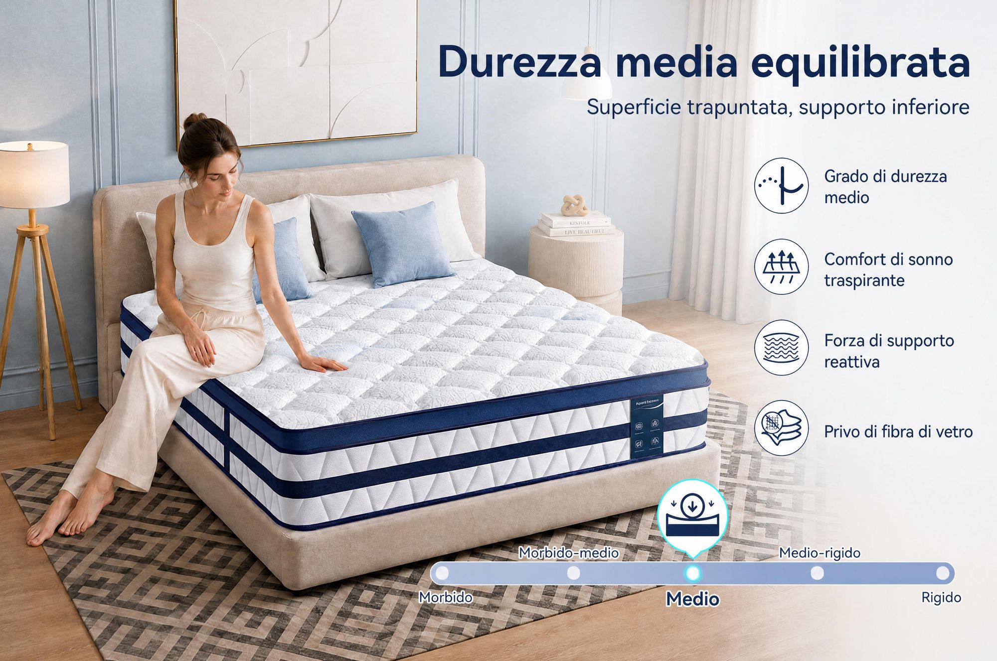 Materasso 160x200, 26 cm di altezza, con topper integrato, materasso a molle insacchettate a 7 zone, livello di supporto H3/H4 – rivestimento premium da 420 g/m²