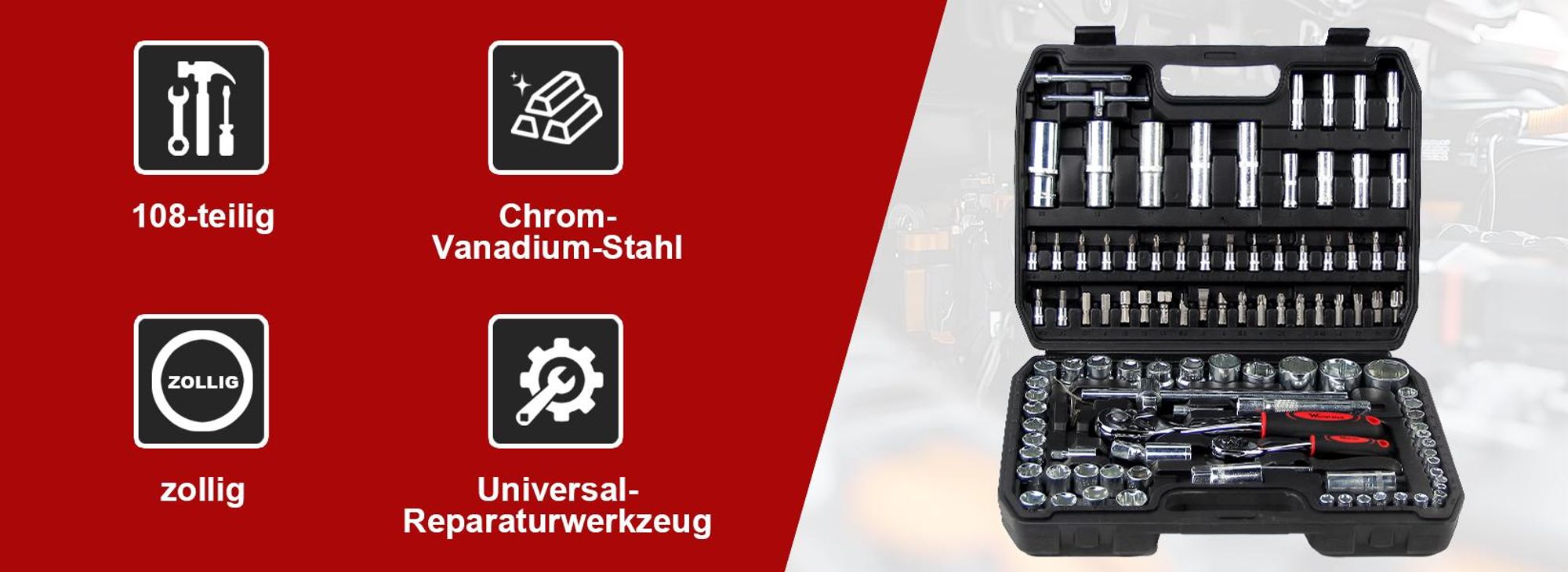 Steckschlüsselsatz, WALTER STAHL 108-teilig Werkzeug-Set Mit Steckdosen, Ratschen, Steckschlüssel und Bitsatz, Werkzeugkoffer