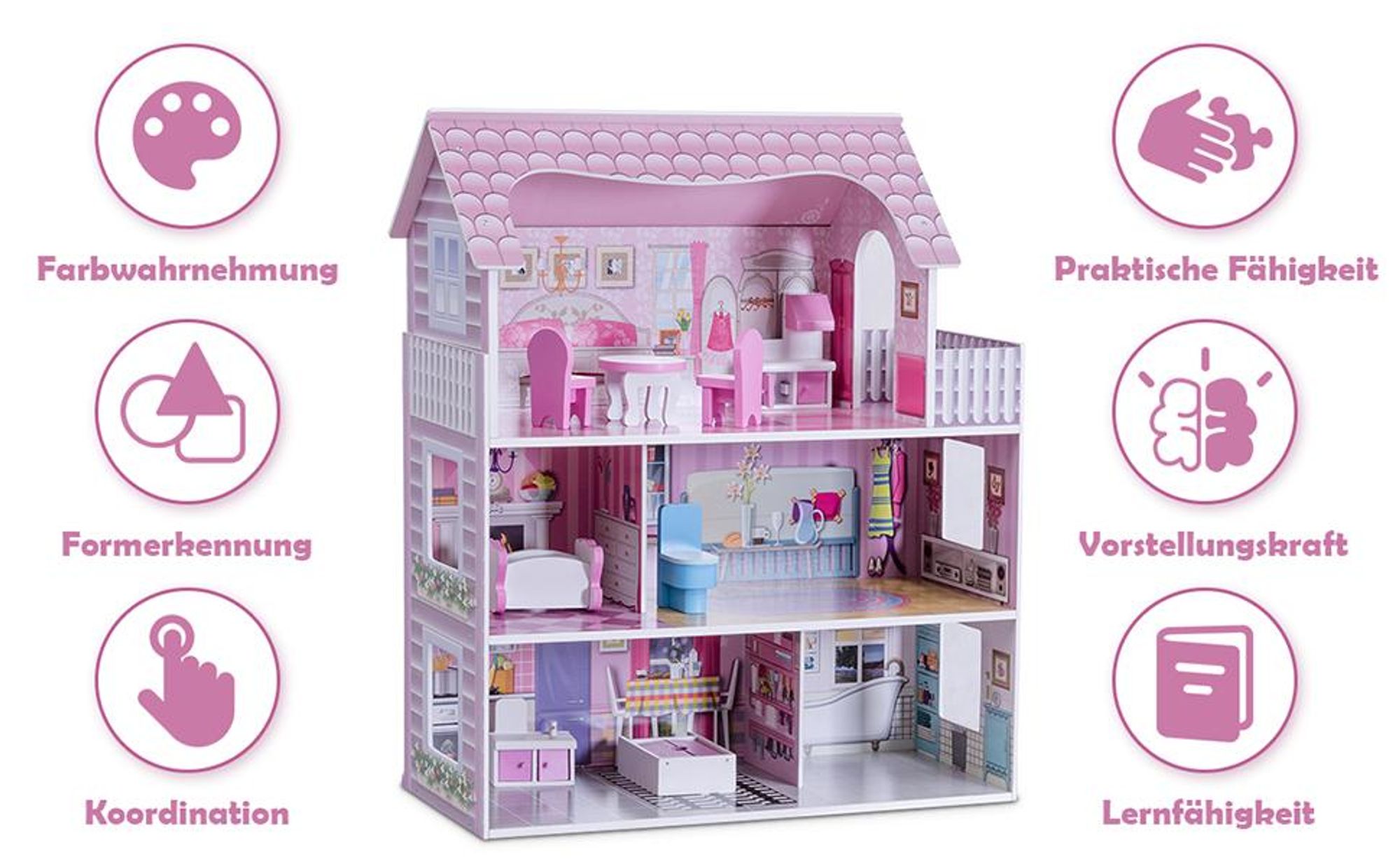 COSTWAY Puppenhaus aus Holz, Puppenstube mit Möbeln und Zubehör, Puppenvilla 3 Etagen, Dollhouse Spielzeug für Mädchen