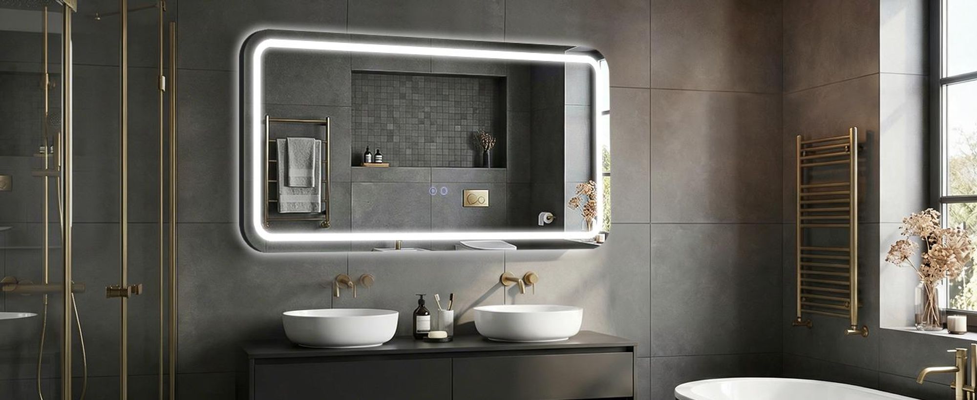 Puluomis Badspiegel 120x60 beschlagfrei mit 3 Farbe Beleuchtung, dimmbare Helligkeit, Badezimmerspiegel IP44 Spritzwassergeschützt, schwarze Rahmen