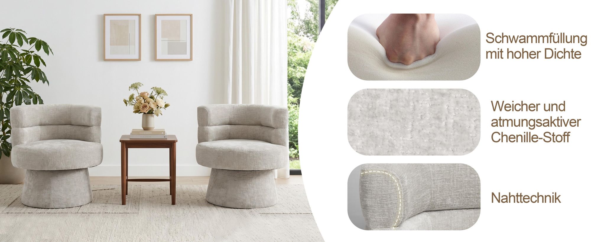 Duhome Drehsessel Modern Loungesessel aus Chenille Polstersessel 360° Drehbar Cocktailsessel für Wohnzimmer Schlafzimmer Salon, Beige