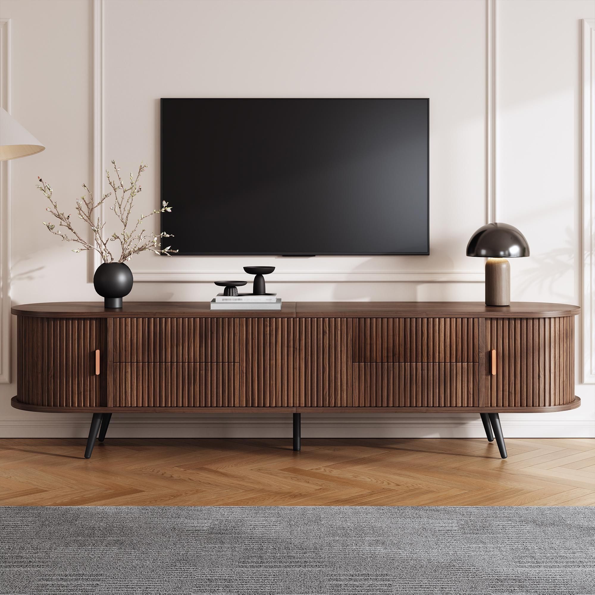 Merax Ovaler TV-Ständer mit 4 Schubladen und 2 Rolltüren, TV Möbel bis 80 Zoll mit separaten Schrankfach, Lowboard Wohnzimmerschrank, Walnuss