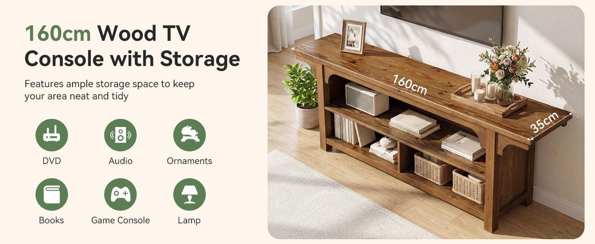 Tribesigns TV-Ständer aus Holz für 55/65/70-Zoll-Fernseher, 160 cm Entertainment-Center im Landhausstil, TV-Konsole mit 3 offenen Ablagefächern
