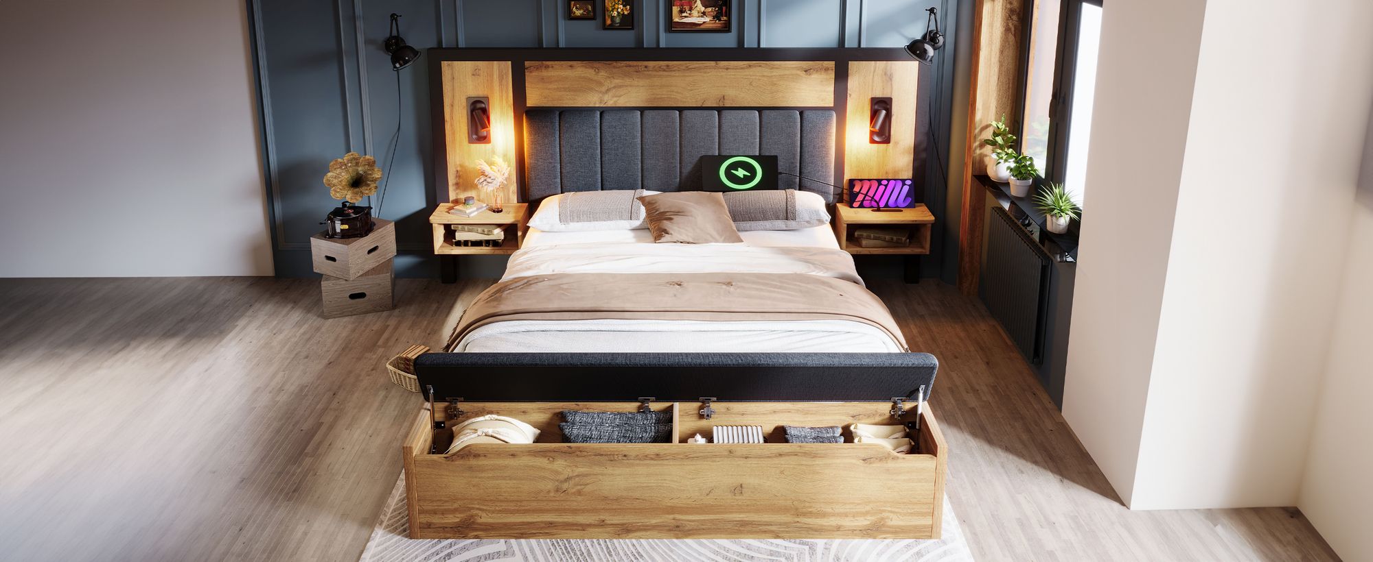 okwish Polsterbett 180×200 mit Leselampe und Nachttisch, Doppelbett mit USB und Sitzbank, Funktionsbett,Eiche,ohne Matratze
