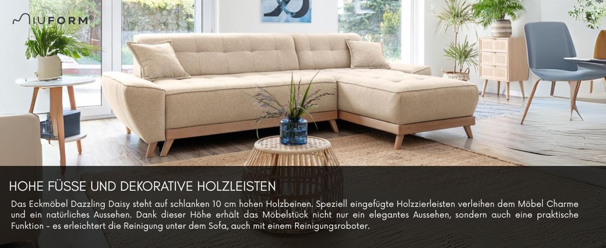 MIUFORM Dazzling Daisy - Ecksofa mit Bettfunktion und Bettkasten Sofa mit seitenverkehrt montierbarer Chaiselongue - 260x164cm - Türkis - Sofa Schlafsofa Couch