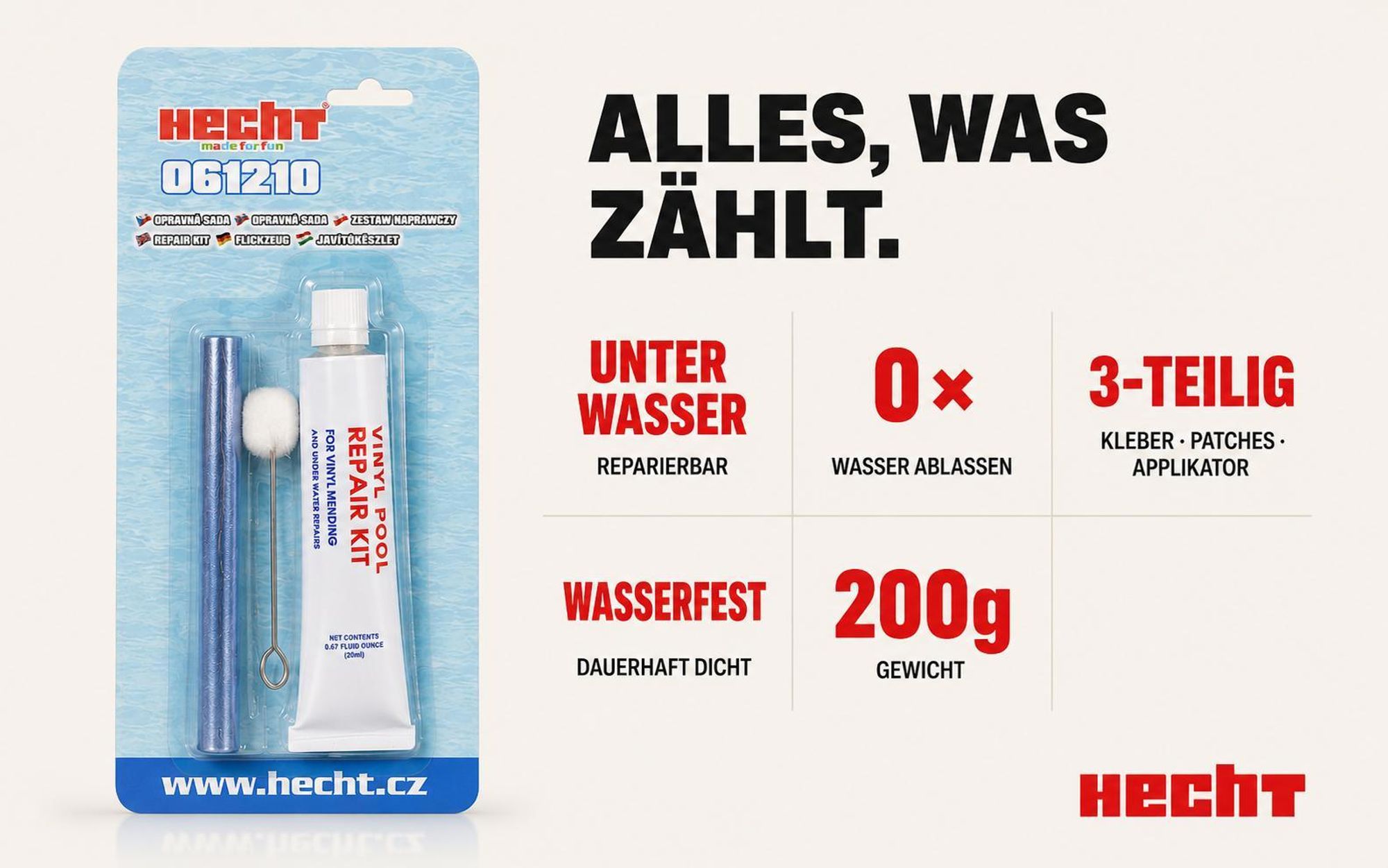 HECHT Pool Reparaturset | Unterwasser-Reparatur für Pools | Inkl. Klebstoff & Patches | Reparatur ohne Wasser ablassen
