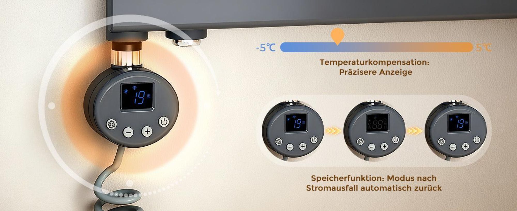 S’AFIELINA Heizstab mit Thermostat 1200W, programmierbarer Timer & LCD-Anzeige, WiFi, für Badheizkörper, Edelstahl, intelligente Steuerung, Anthrazit