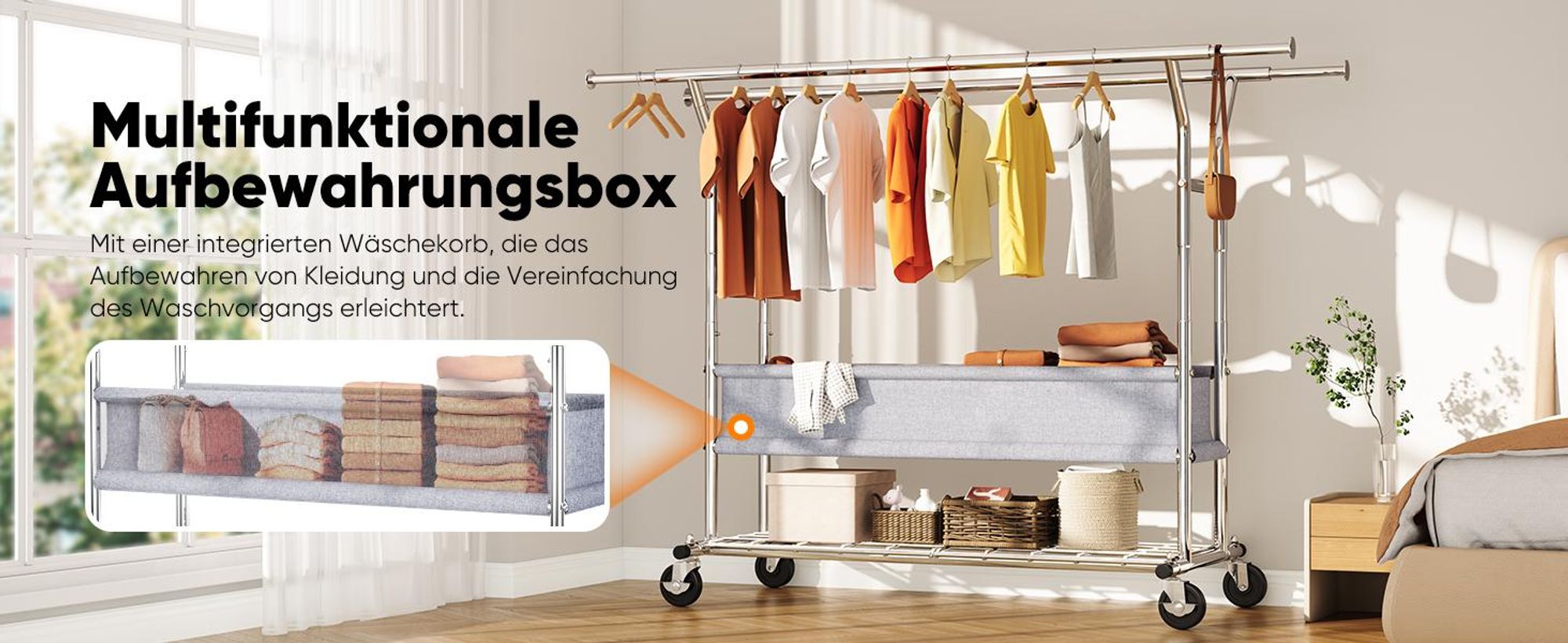 HOKEEPER Schwerlast Kleiderständer auf Rollen, Doppelter Kleiderstange,bis 283 kg belastbar,Industrie-Design, Garderobenständer