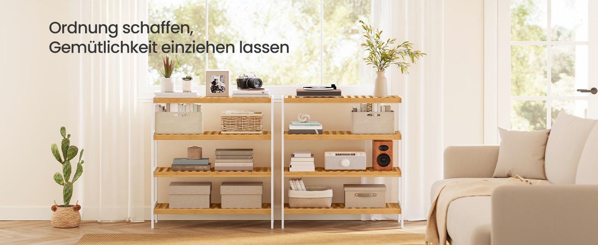 SONGMICS Schuhregal aus Bambus, Schuhablage mit 4 Ebenen, weiß-naturfarben