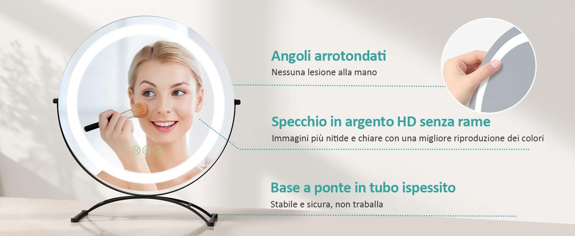 Specchio da trucco EMKE con illuminazione, specchio Hollywood con 3 colori di luce, specchio da trucco smart touch control con luce ruotabile a 360°, luminosità regolabile e funzione di memoria (Φ400mm, nero)