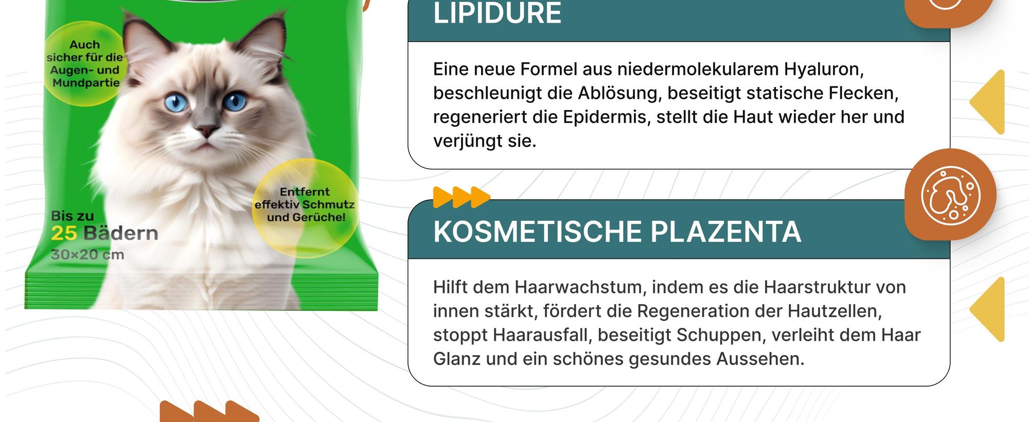 Japan Premium Katzenshampoo Tücher – 25 Trockenshampoo-Feuchttücher mit Kollagen & Plazenta, reinigend & desodorierend für Katzen (30x20 cm)