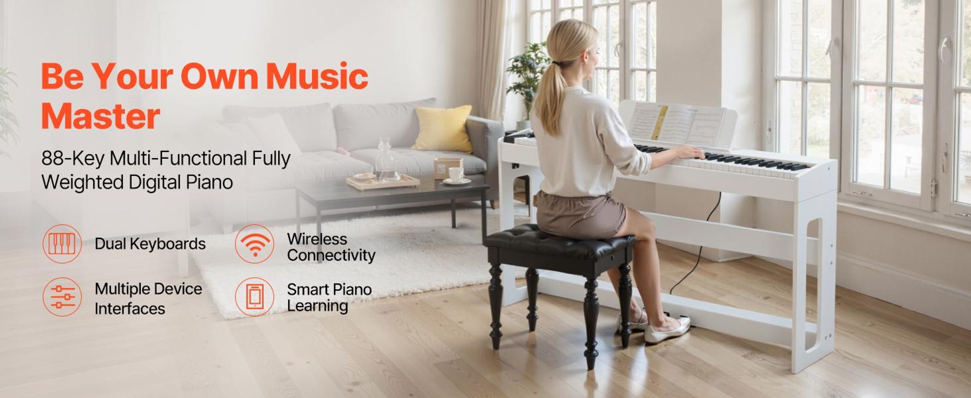 VEVOR Gewichtetes Digitalpiano, 88 Tasten vollgewichtet, E-Piano-Tastatur mit Möbelständer, Netzadapter, Dreifachpedal, Aufnahmefunktion, 280 Töne, Kabellose Verbindung, für Anfänger, Weiß