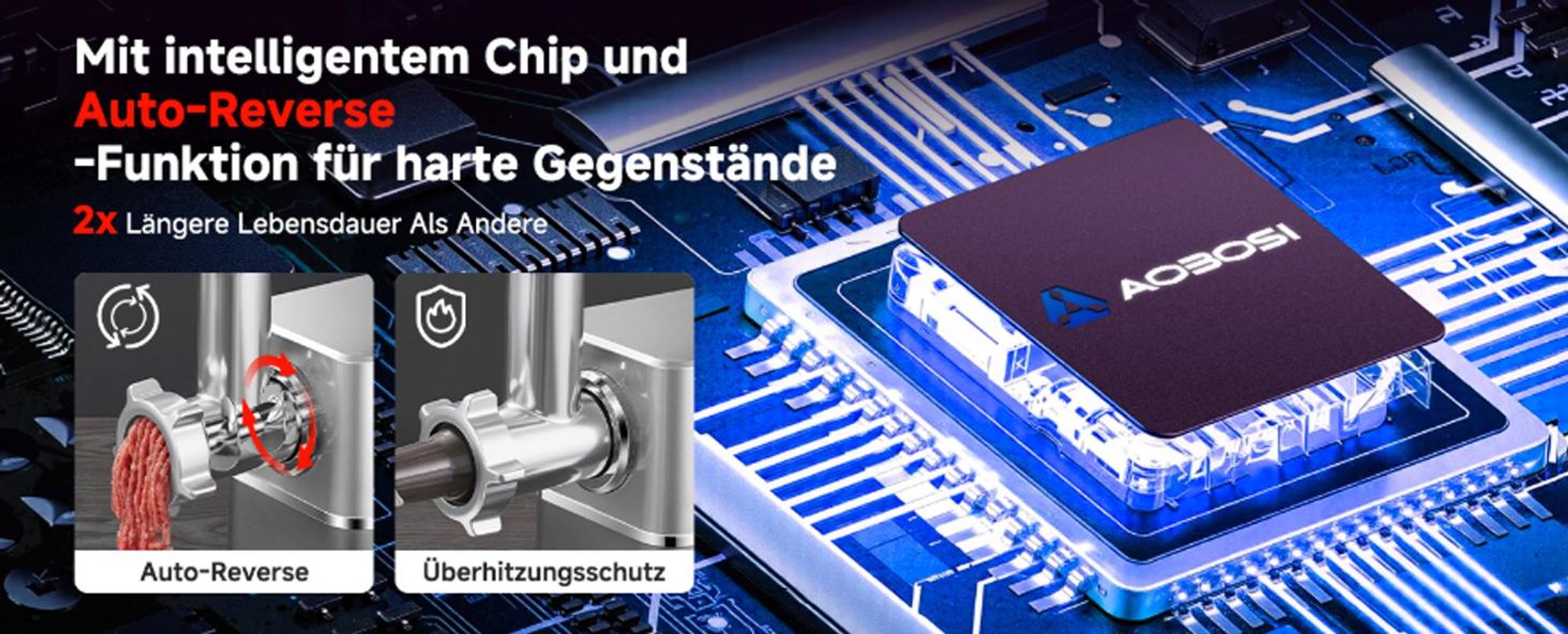 AOBOSI Elektrischer Fleischwolf 3000W Max, Leiser DC-Motor 60dB, 3 Geschwindigkeiten, 3 Edelstahlscheiben, Wurst- & Kibbe-Zubehör