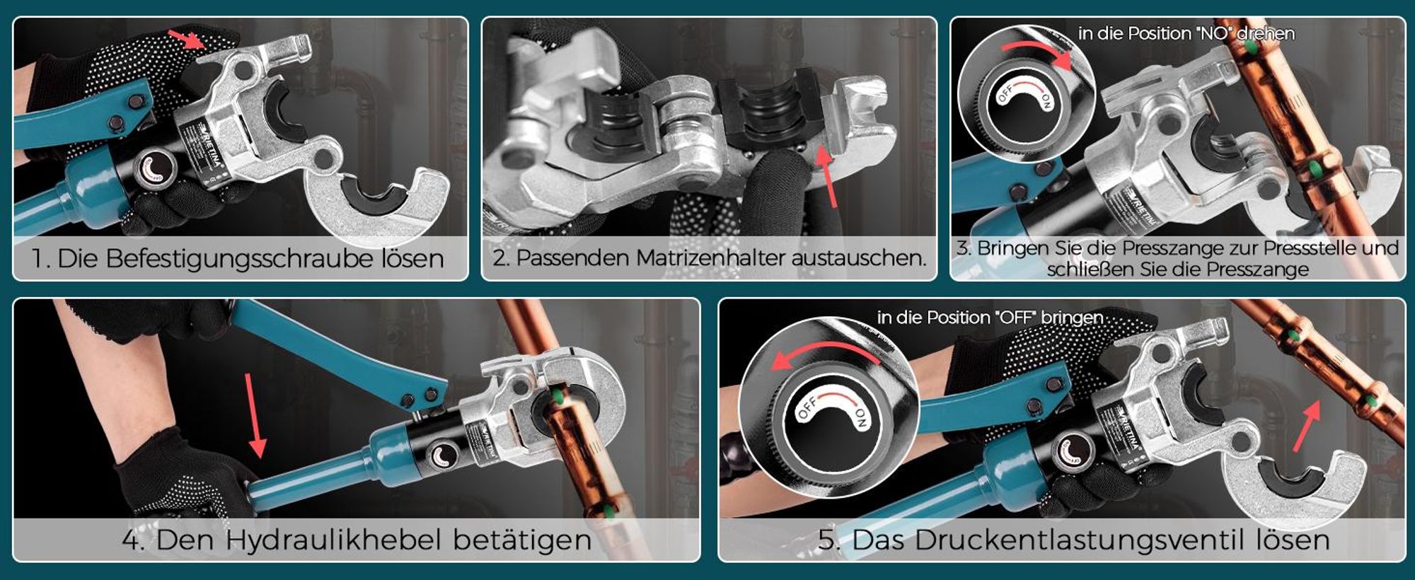 Profi Presszange V-Kontur und TH-Kontur mit Rohrabschneider Handpresszange mit V12 V15 V18 V22 V28 & TH16 TH20 TH26 TH32 für Kupferrohr Verbundrohr