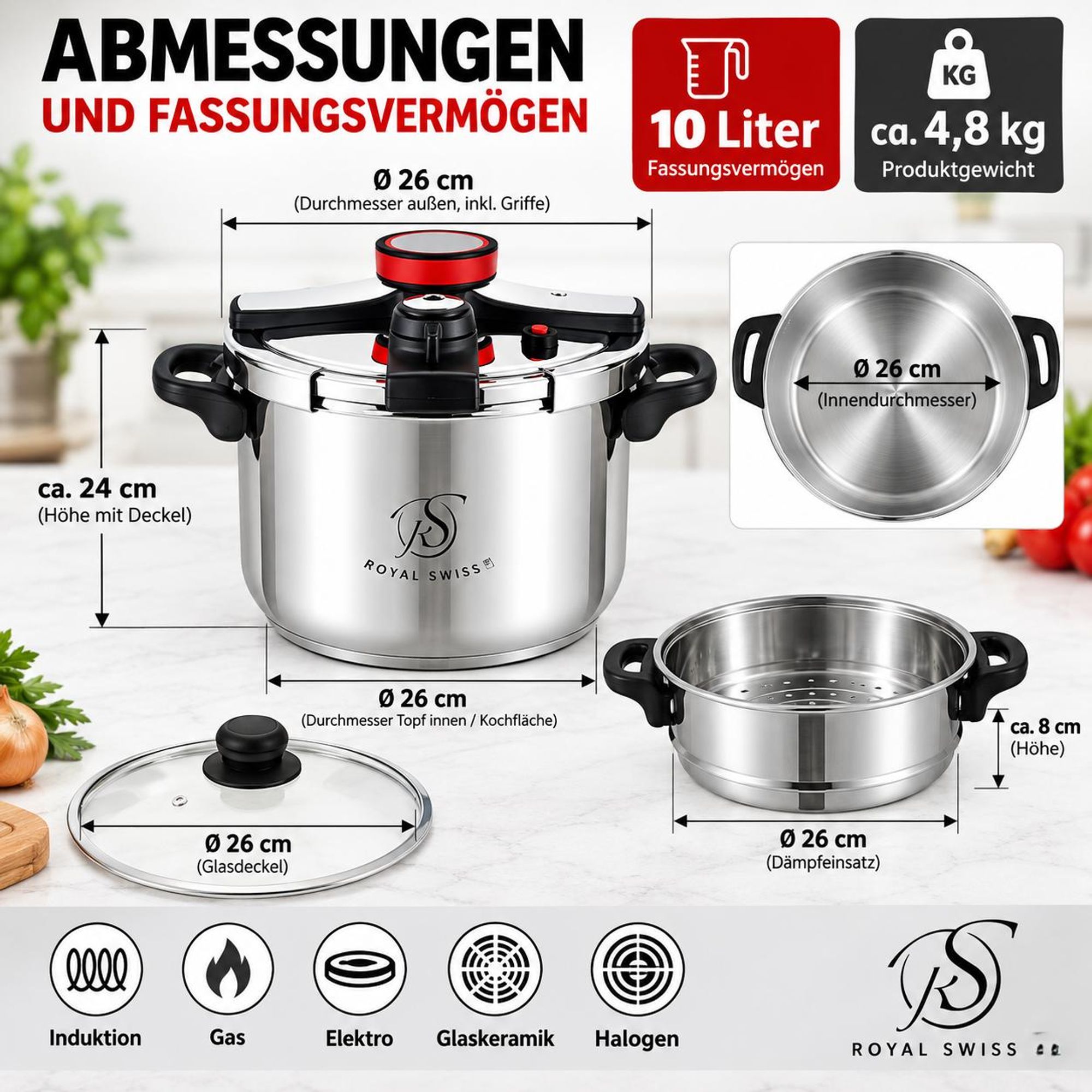 Schnellkochtopf 10 L Ø 26 cm Dämpfeinsatz   für Induktion Gas Elektro Glaskeramik Halogen