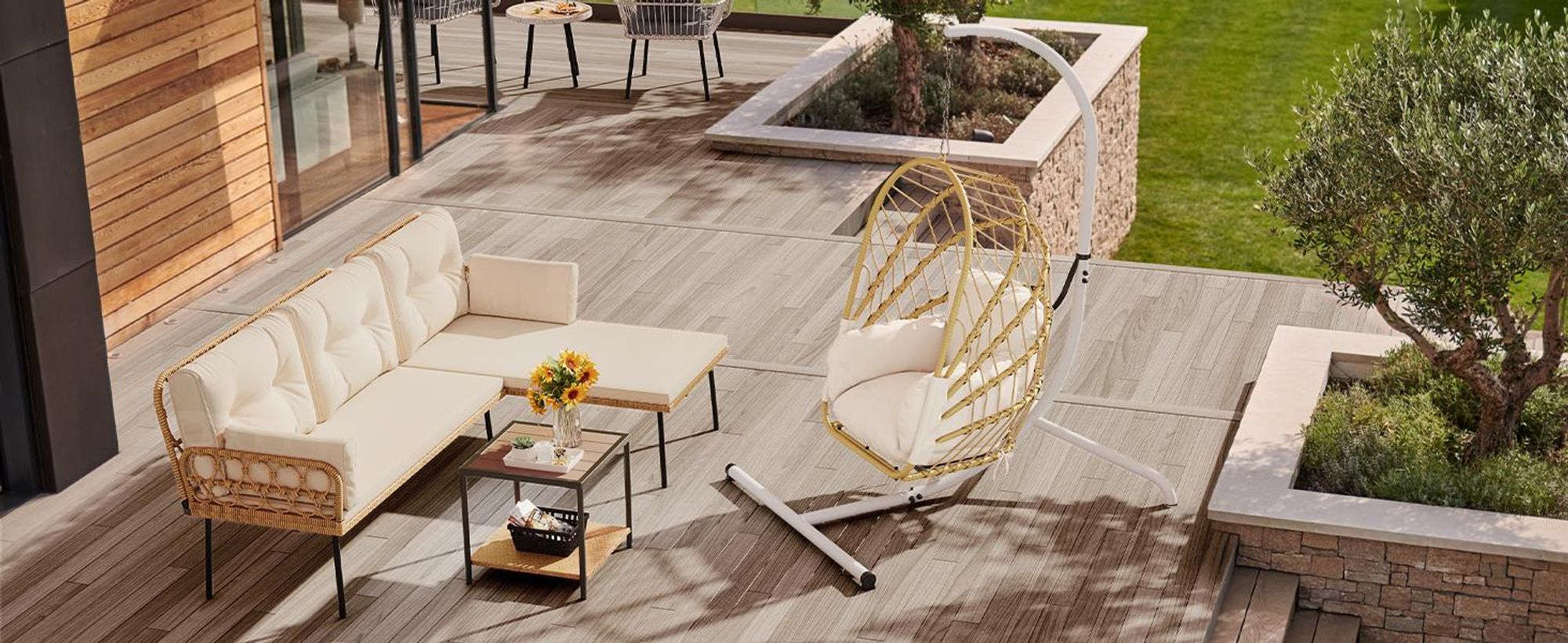 YITAHOME Hängesessel mit Gestell, Klappbarer Schaukelsessel mit Polsterung, bis 160 kg, für Indoor und Outdoor, Beige