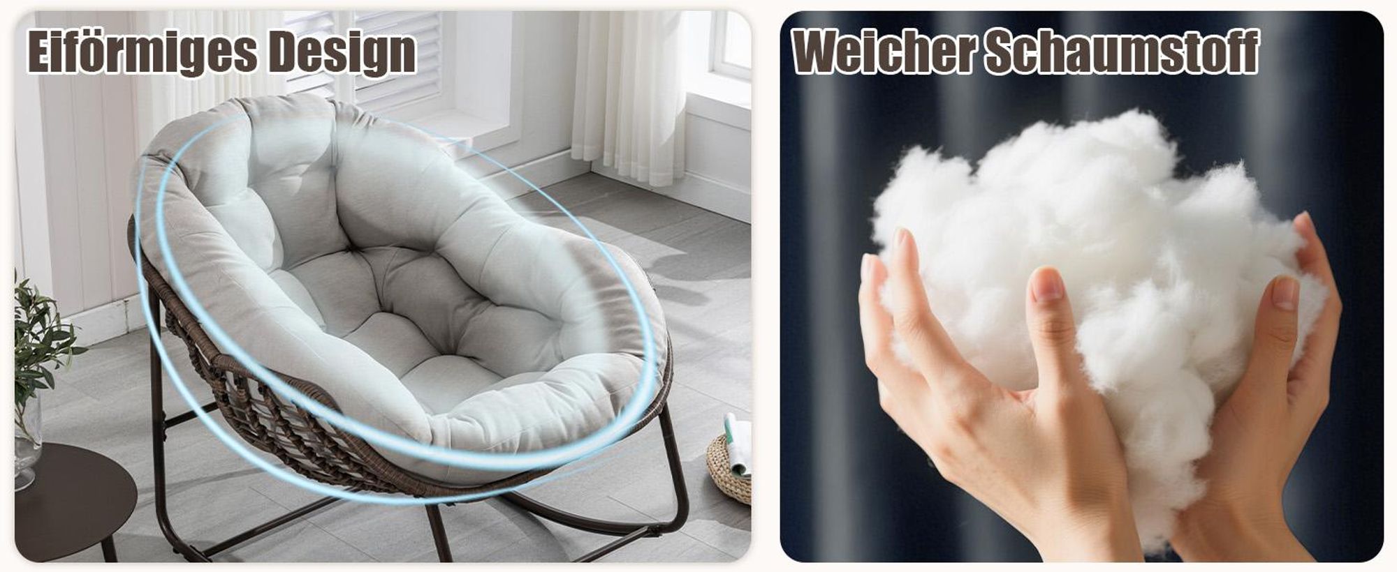 LVHOM Schaukelsessel Garten mit gepolstertem Kissen, Rattanstuhl mit Stahlrahmen, Schaukelstuhl Outdoor Loungesessel, Sessel für Balkon, Hellgrau