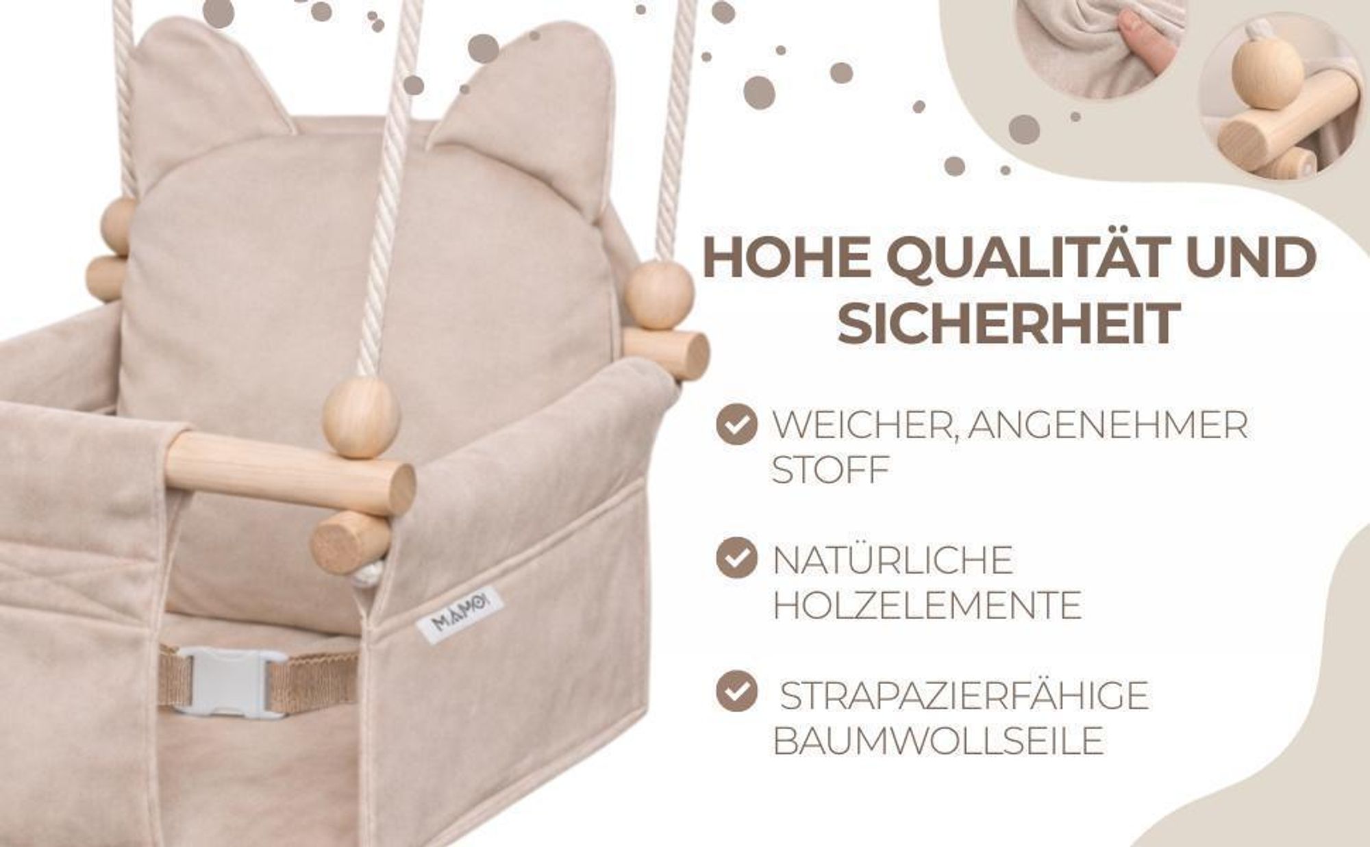 MAMOI Kinderschaukel mit Sicherheitsgurt, höhenverstellbar 150–190 cm, Schaukel für Zuhause, stabile Konstruktion, Velours-Sitz