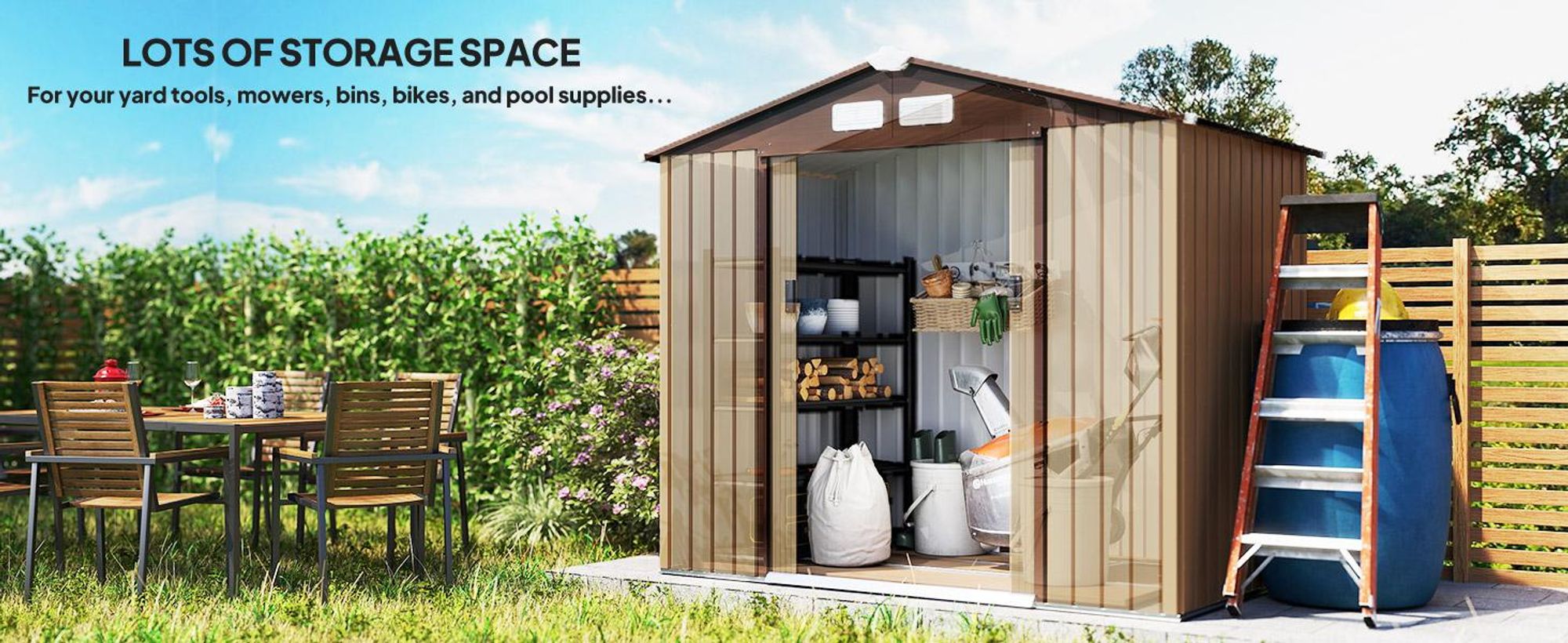 Domek ogrodowy Outsunny 2,42 m², z dachem dwuspadowym, drzwiami przesuwnymi, fundamentem, 213 x 130 x 185 cm, ocynkowany stalowy domek narzędziowy, odporny na warunki atmosferyczne, do ogrodu, żółty