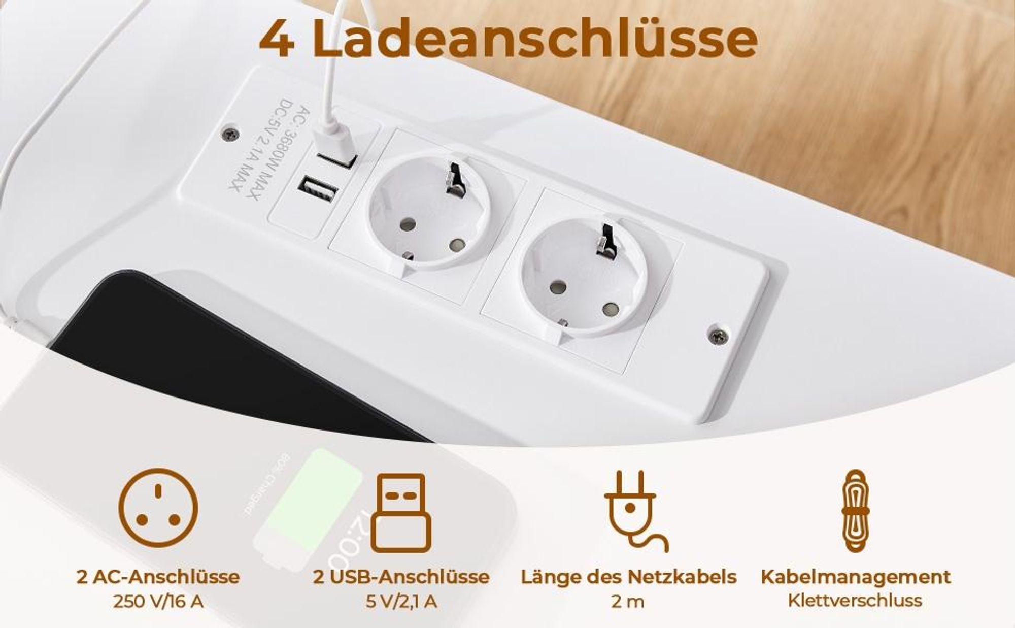 Yaheetech Nachttisch mit Steckdosen & einstellbarer LED, Nachtschrank Beistelltisch, Weiß