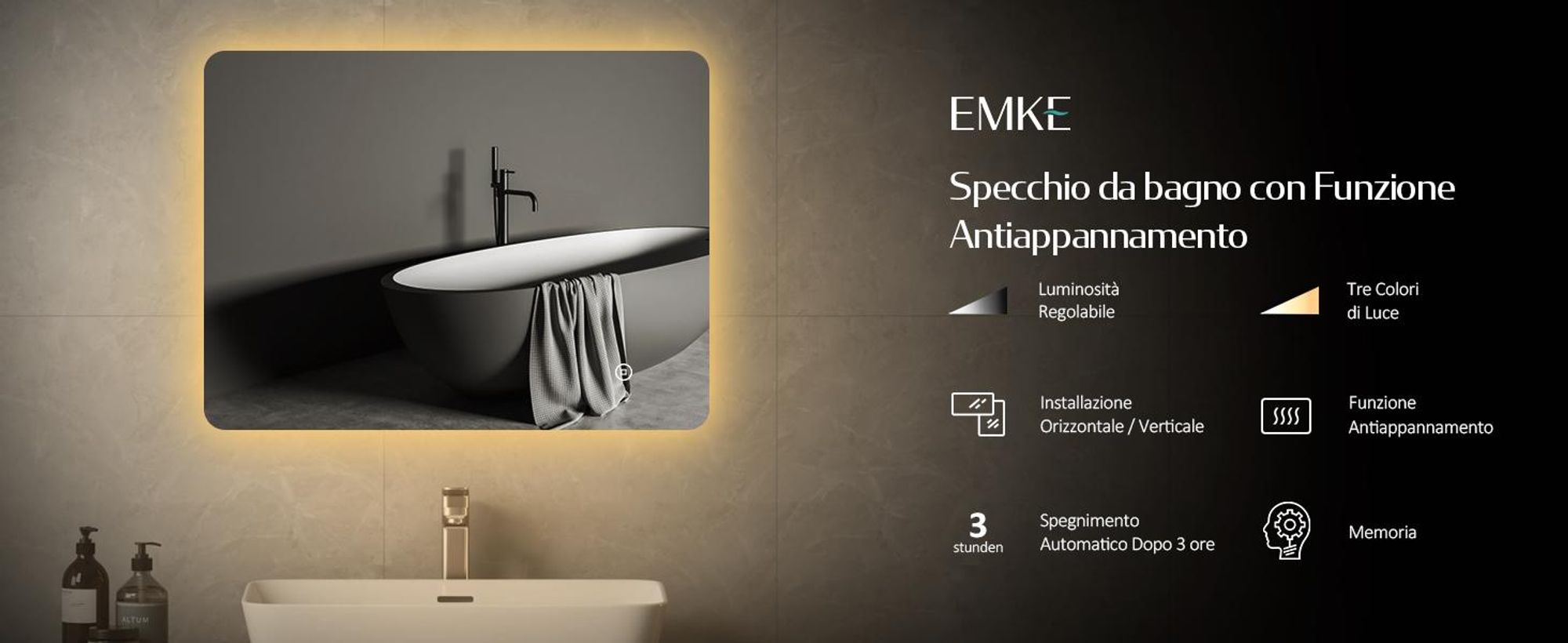 EMKE Specchio da bagno a LED 70x50cm con illuminazione 3 colori di luce bianco freddo neutro bianco caldo antiappannamento Specchio da bagno con interruttore a sfioramento