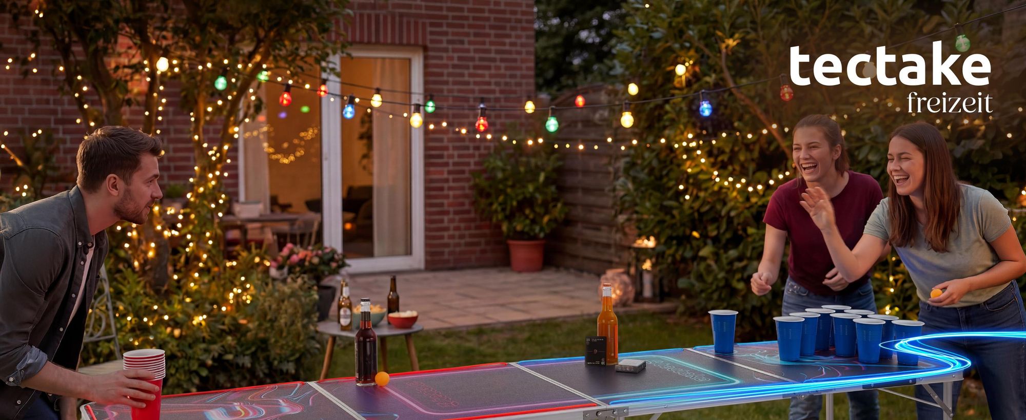 tectake® Aluminium Bierpongtisch BeerWars I mit LED-Beleuchtung inklusive 100 Bechern, 6 Bällen und Kartentrinkspiel