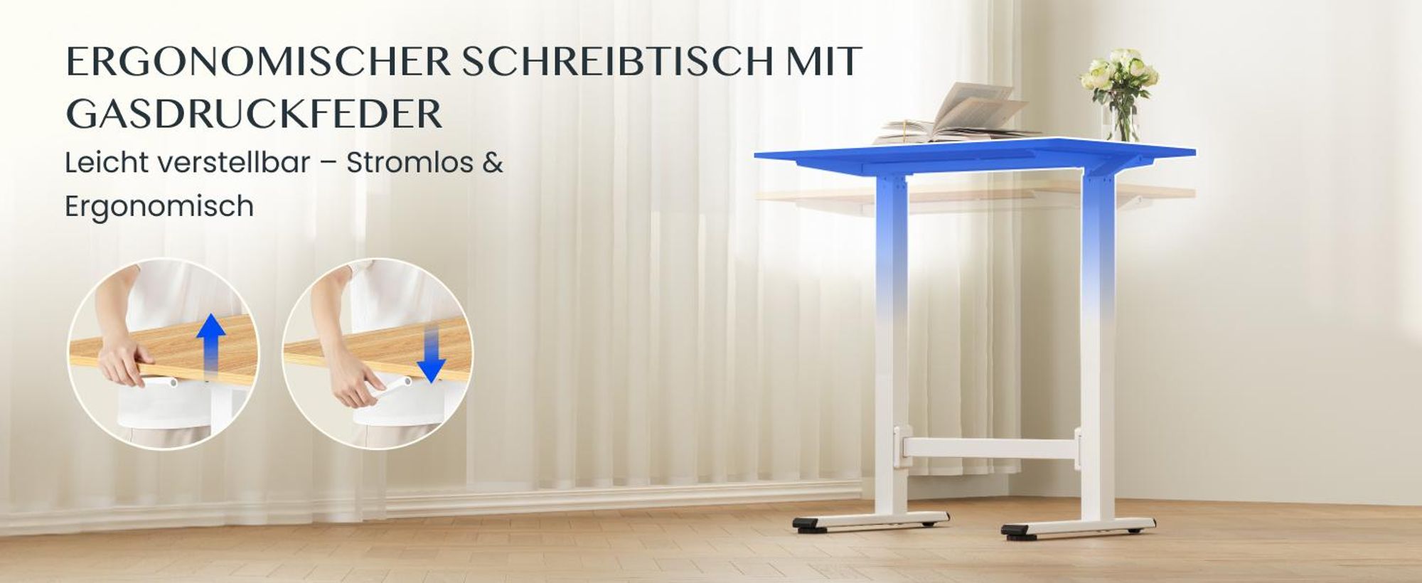 FLEXISPOT Gasfeder Höhenverstellbarer Schreibtisch 80×50 cm – stufenlos manuell verstellbar, Steh-Sitz-Tisch ohne Strom, mobil mit Rollen (Ahorn)
