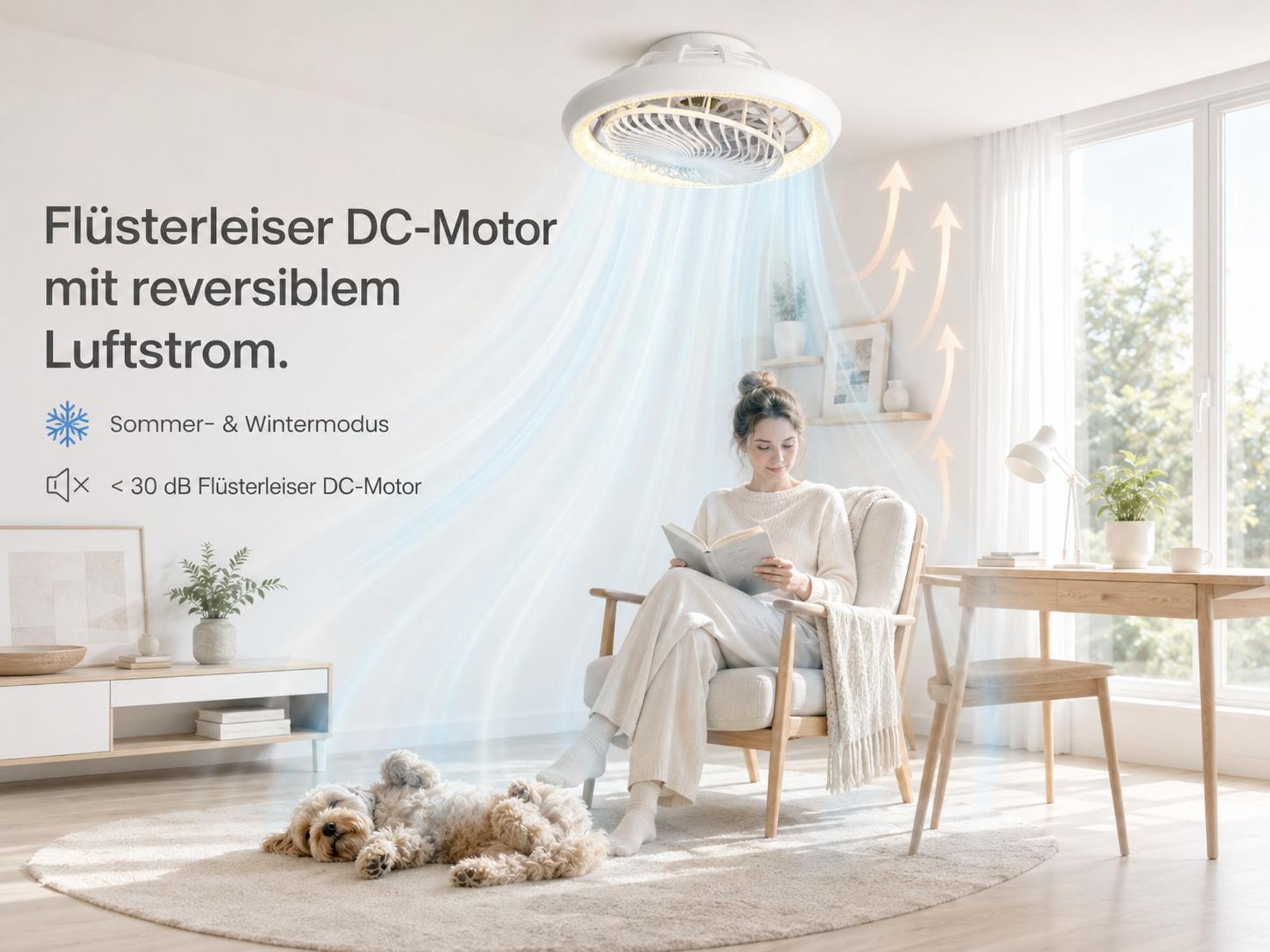 Deckenventilator mit Beleuchtung Fernbedienung APP,38W Lampe mit Ventilator Dimmbar 6 Geschwindigkeiten 3 Lichtfarben Φ49cm Leise für Zimmer Büro